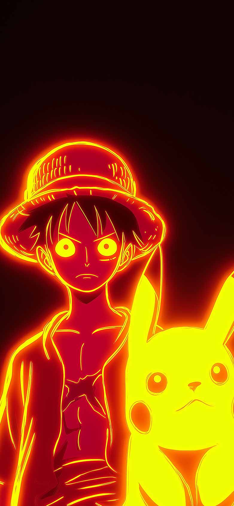 782x1692 Neon Orange Luffy & Pikachu Glow Anime Duo Wallpaper iPhone