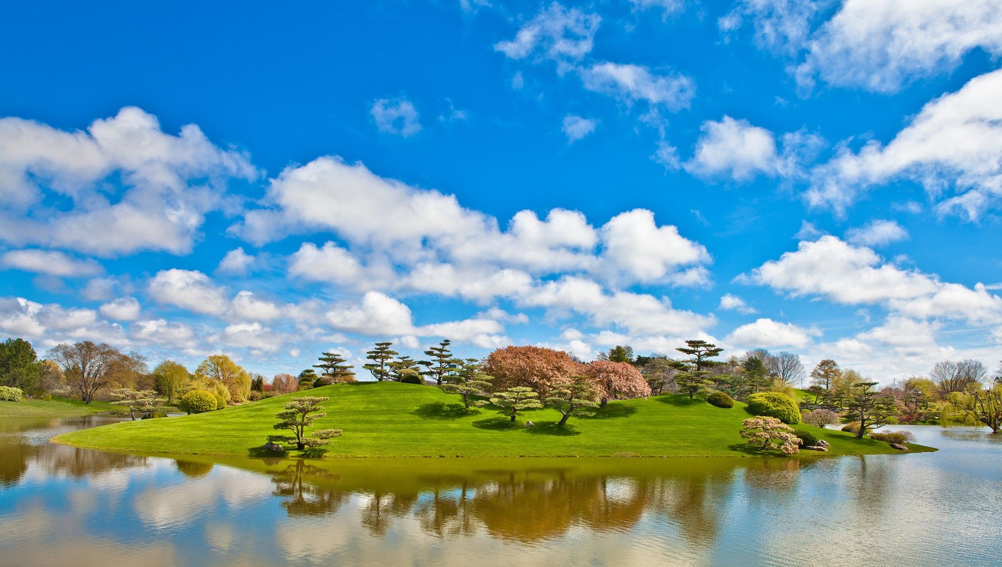 2048x1160 nature, Landscape, Water, Lake, Reflection, Trees, Clouds, Hill, Island, Grass, Garden, Park Wallpaper HD / Desktop and Mobile Background