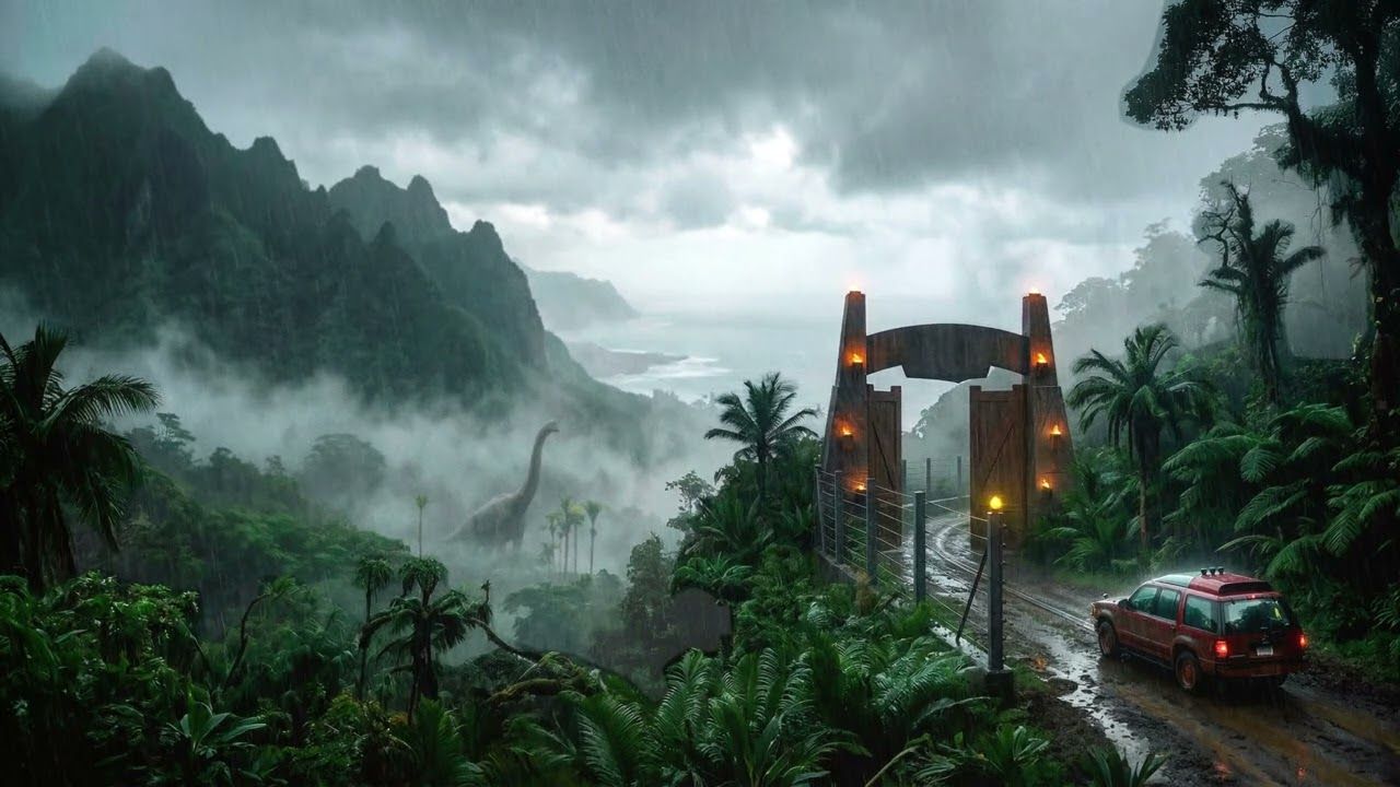 1280x720 Rain & Thunder on a Lost Dinosaur Island. Jungle Ambience for Sleeping