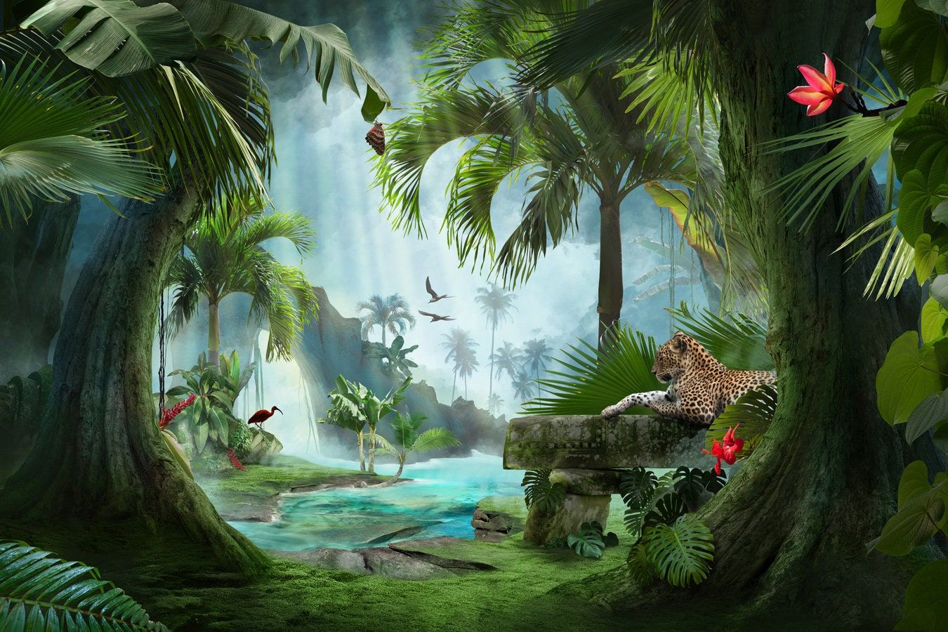 1350x900 Rainforest Tropical Wallpaper, Jungle Animals Peel and Stick Wall Mural, Self Adhesive Removable Wallpaper