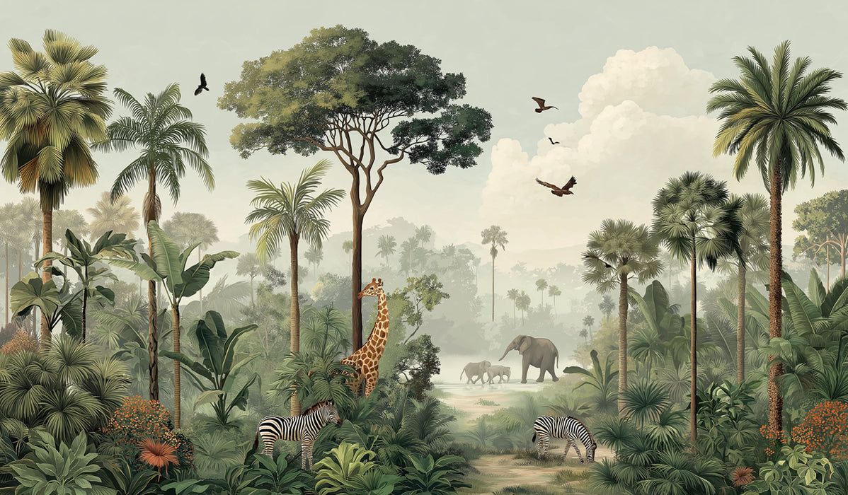 1198x700 Vintage Tropical Safari Mural Wallpaper. Muted Jungle Scene