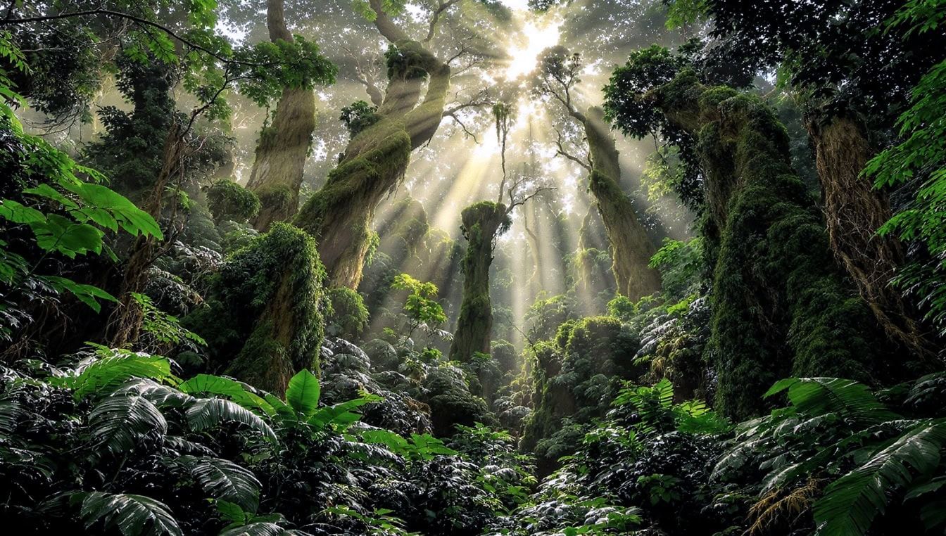 1344x762 Free picture: Sun shiningsy trees in the tropical rainforest