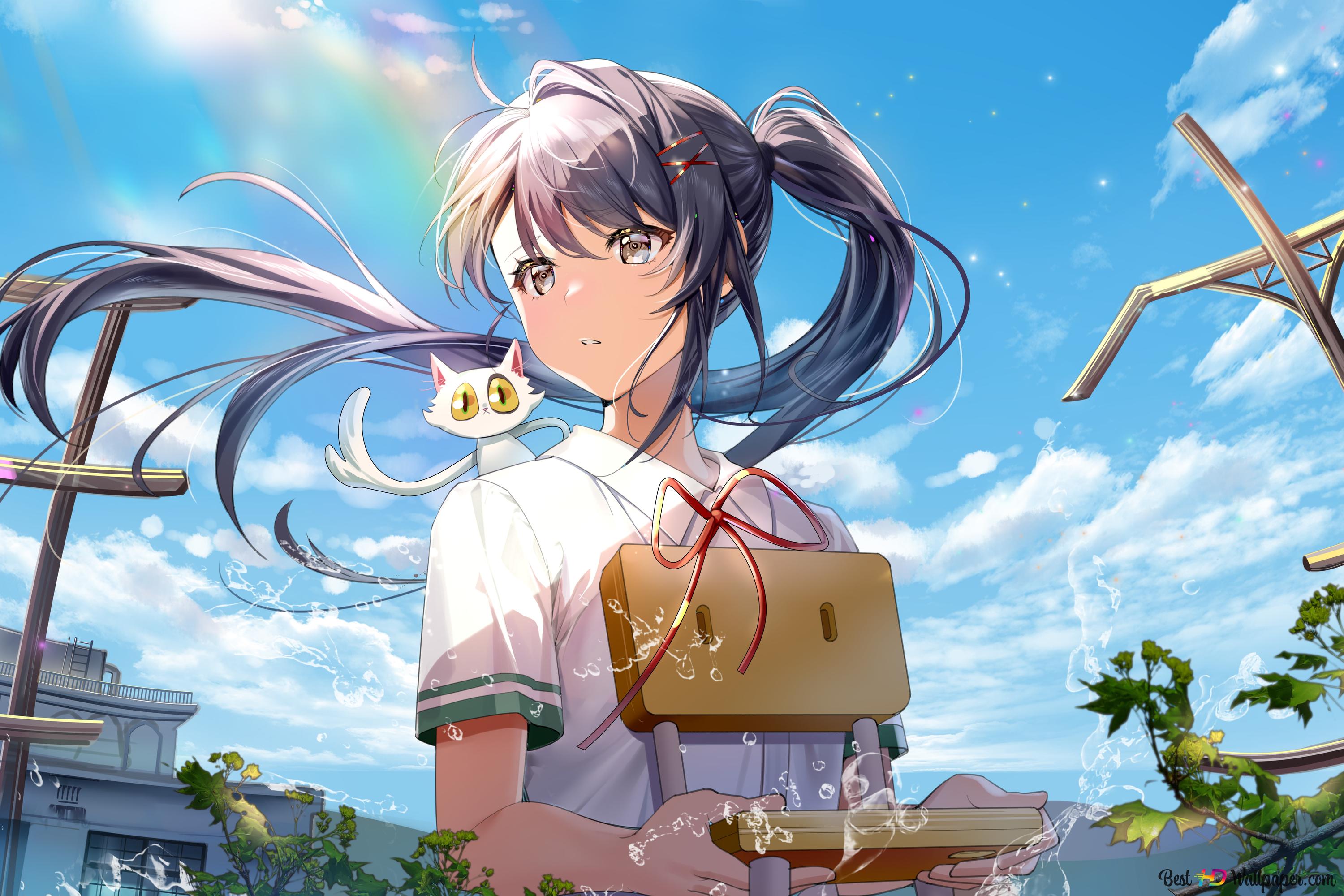 3000x2000 Suzume no Tojimari anime girl al aire libre con su gato 8K descarga de fondo de pantalla