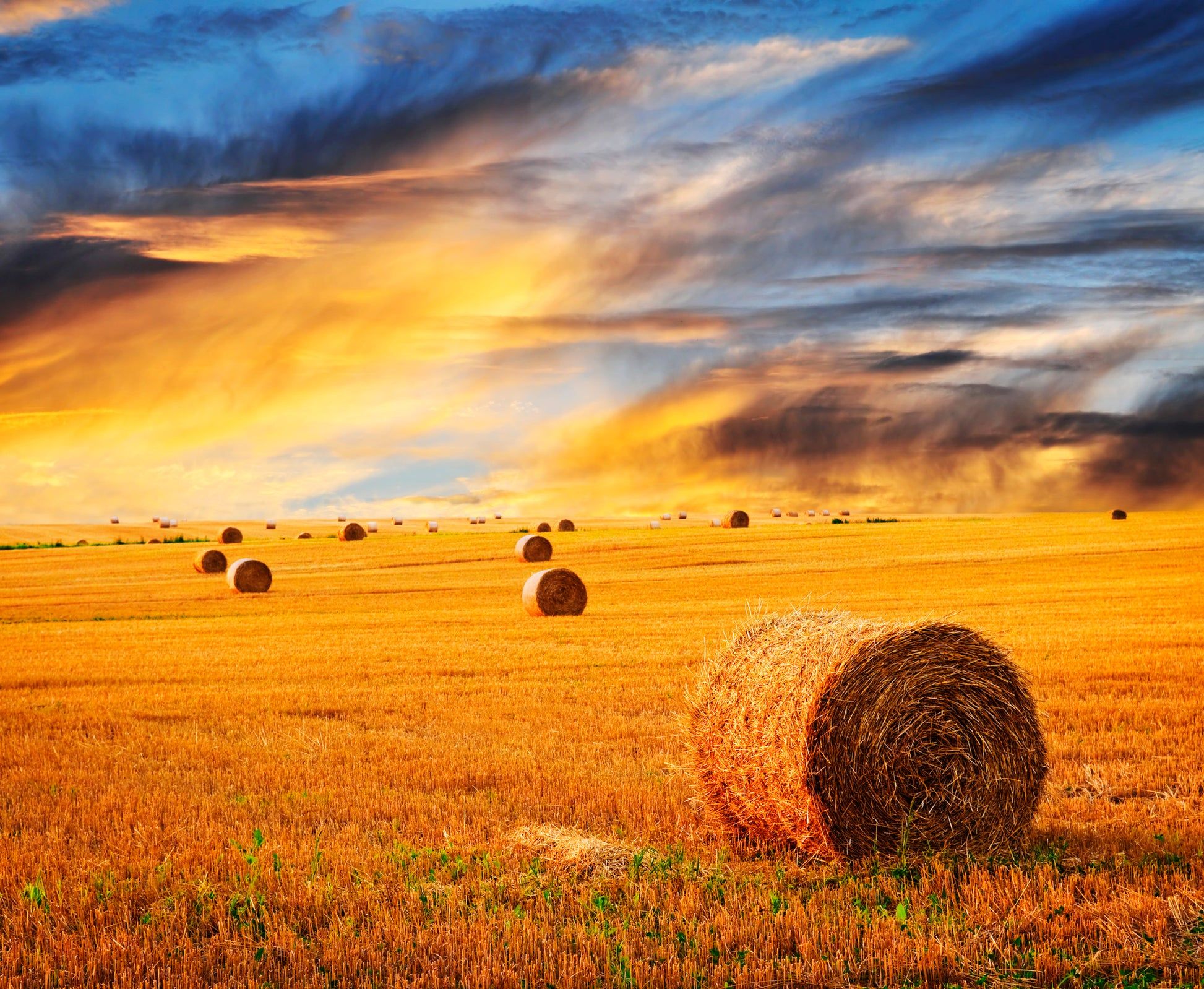 1946x1598 Golden Sunset Over Farm Field with Hay Bales Photograph Print 100% Australian Made