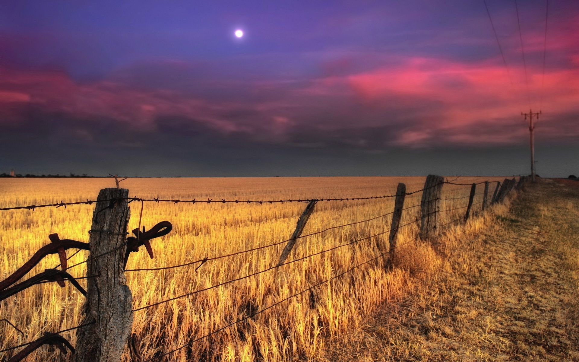 1920x1200 fence, Wires, Nature, Landscapes, Fields, Wheat, Grass, Pole, Rustic, Farm, Sky, Clouds, Sunset, Sunrise Wallpaper HD / Desktop and Mobile Background