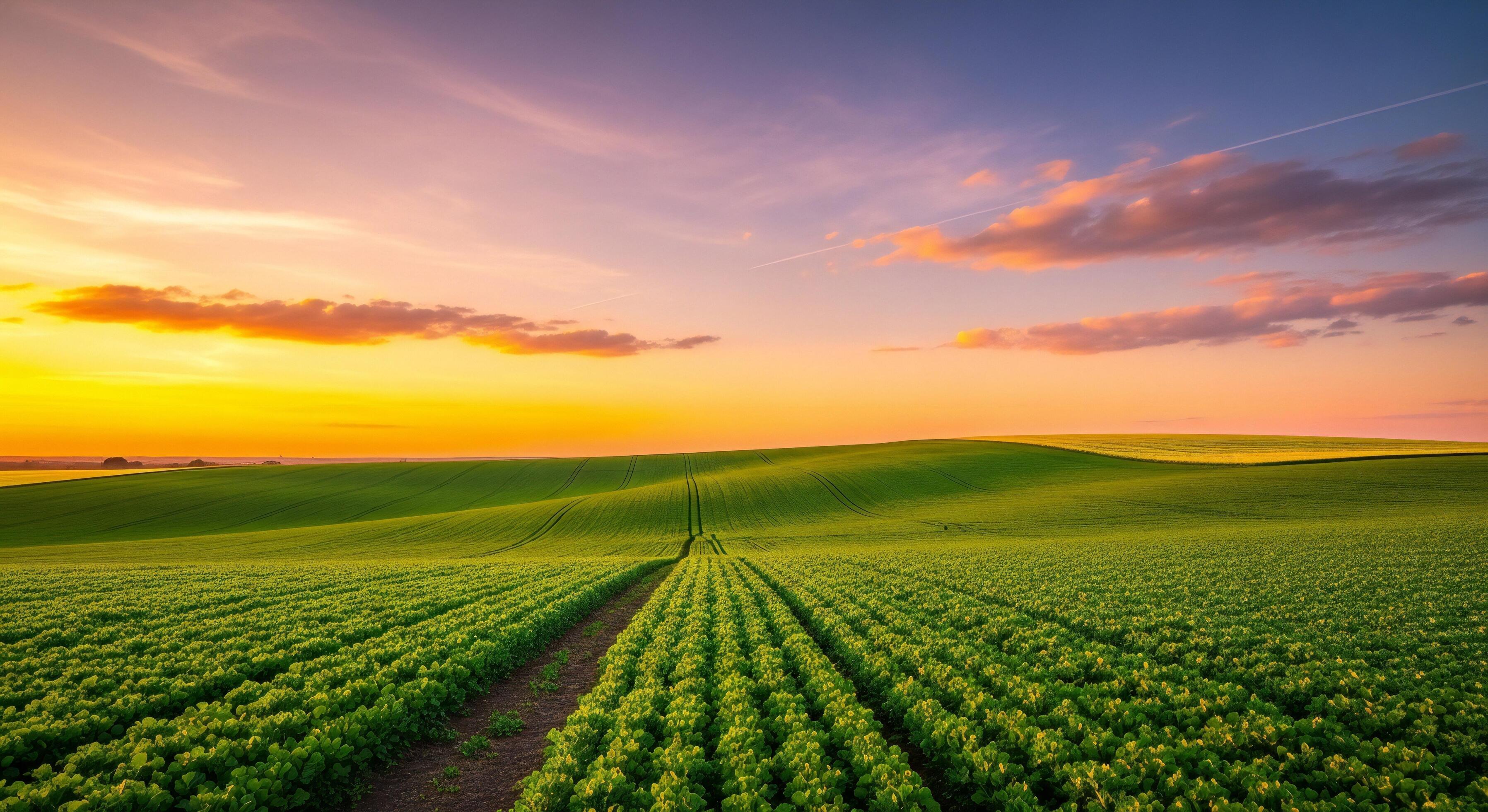 3593x1960 Nature background, Nature wallpaper, Expansive green agricultural fields stretch towards a vibrant sunset sky with colorful clouds