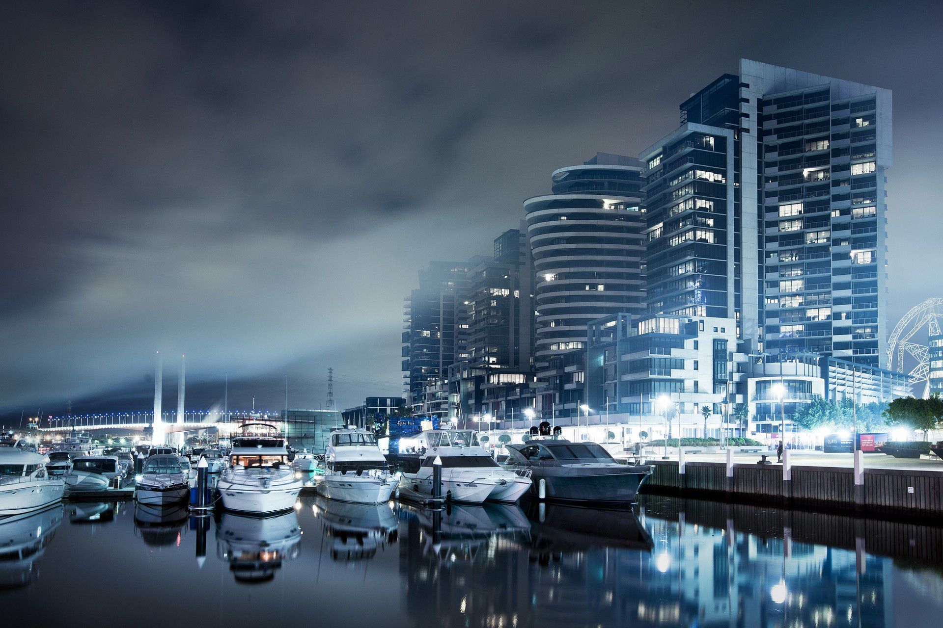 1920x1280 Serene Harbor Lights: Stunning Man Made Waterfront HD Wallpaperx1280