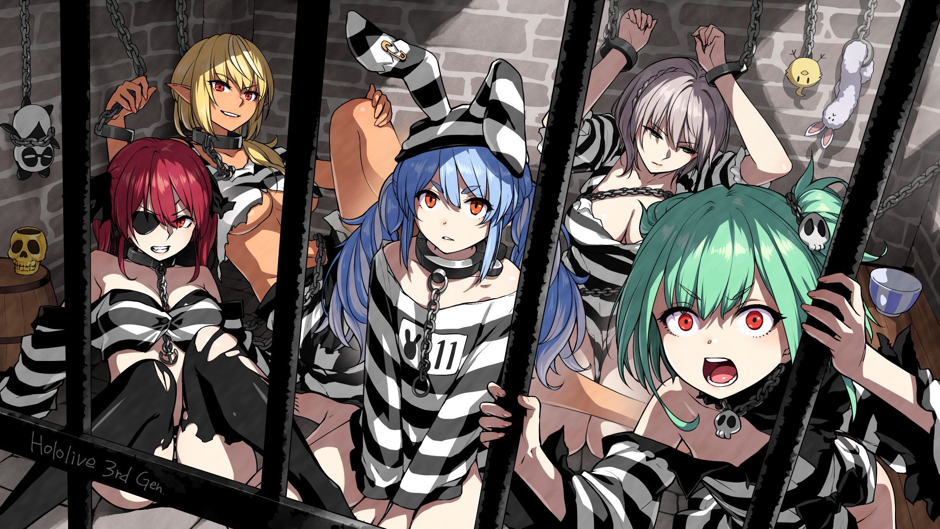 1920x1080 Usada Pekora, Uruha Rushia, Shirogane Noel, Shiranui Flare, Houshou Marine, cleavage, prisoners, Benimura Karu, BenimuraCal, group of women, anime, anime girls, Hololive, Virtual Youtuber, jail, prison cell, prisonx1080 Wallpaper