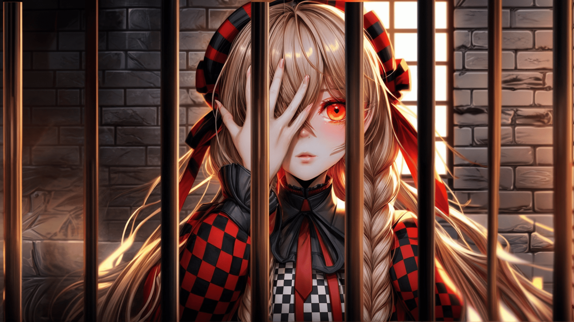 1920x1080 Dark Prisoner: Blonde Anime Girl with Fiery Red Eyes HD Wallpaper