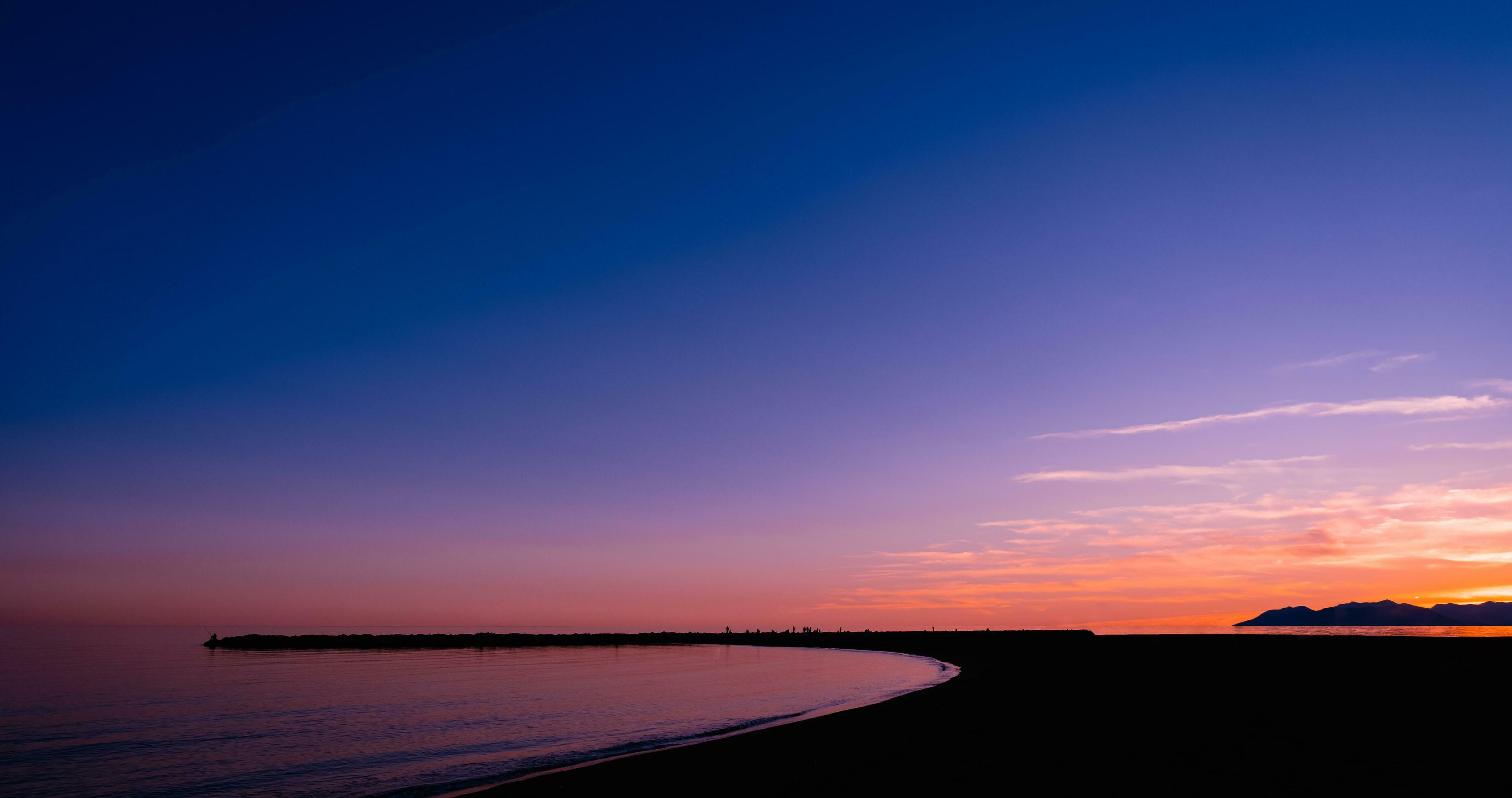 3712x1960 Sunset Sky, Cloud over Sea Beach in Evening on Spring, Landscape by Seaside with Colourful Sky in Orange, Pink, Purple, Blue.Horizon Summer Seascape Golden hour sky with twilight, Dusk sky background