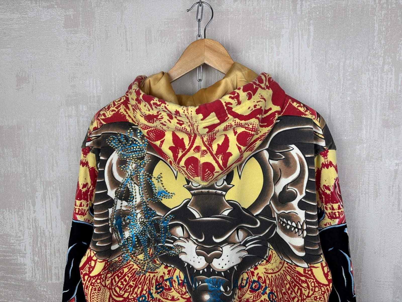 1600x1200 Vintage Christian Audigier All Over Print Zip Hoodie Men's Size S Ed Hardy Y2K