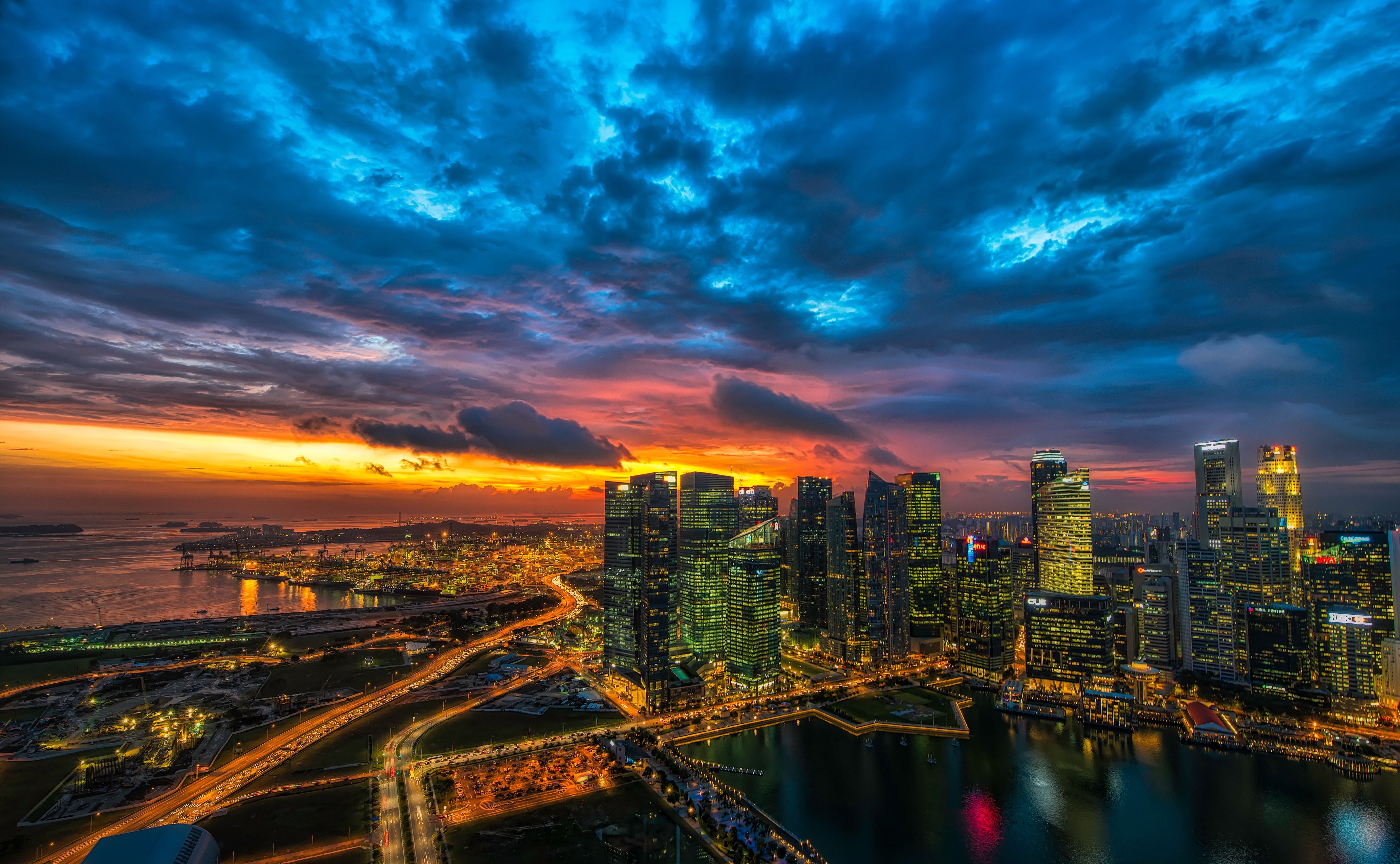 6935x4283 Wallpaper lights, HDR, skyline, sky, sunset, roads, buildings, skyscrapers for mobile and desktop, section город, resolution 6935x4283