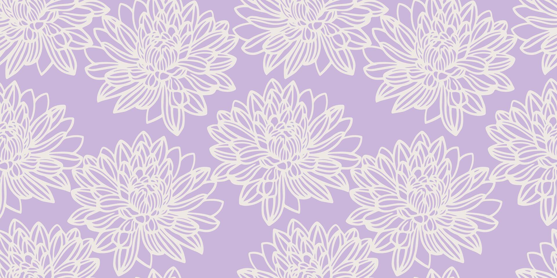 1920x960 Minimalist Seamless Floral Pattern With Large, Detailed Line Drawn Flowers. Pastel Purple Violet Background. Perfect For Modern Textiles, Packaging, Wallpaper, Sophisticated Monochrome