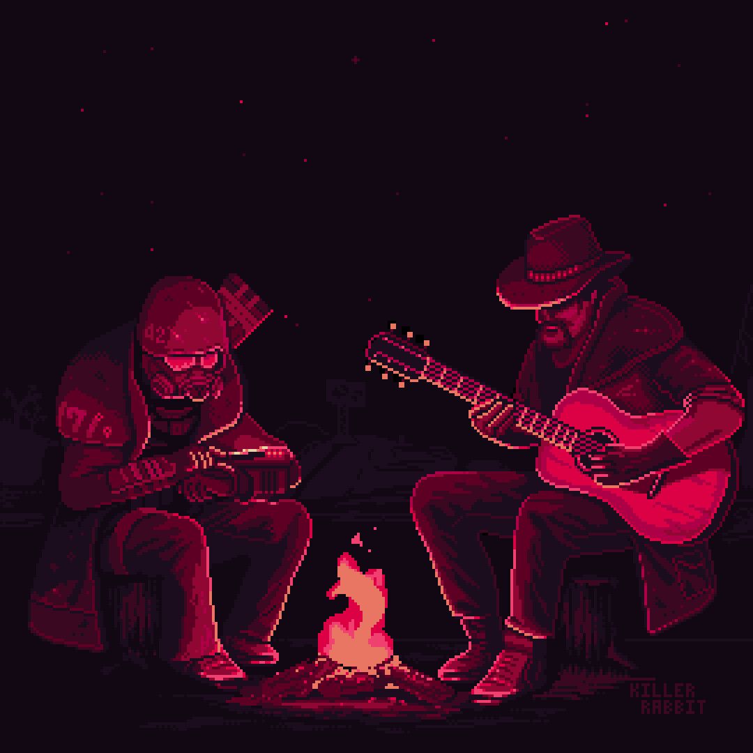 1080x1080 Pixel art campfire guitar animation