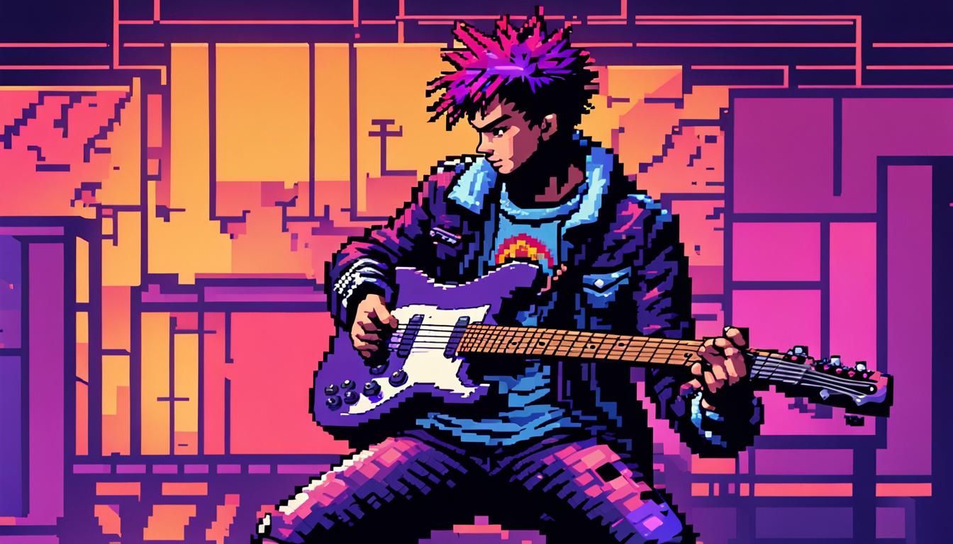 1344x768 Pixelated punk teen with guitar on a stage