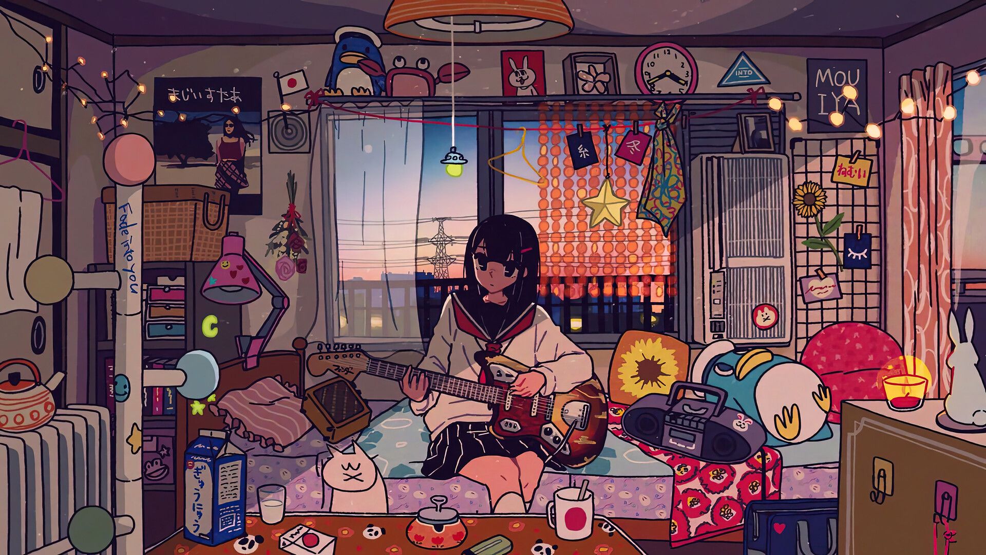 1920x1080 Anime Girl Playing Guitar Student Room Wallpaper 4K HD PC f