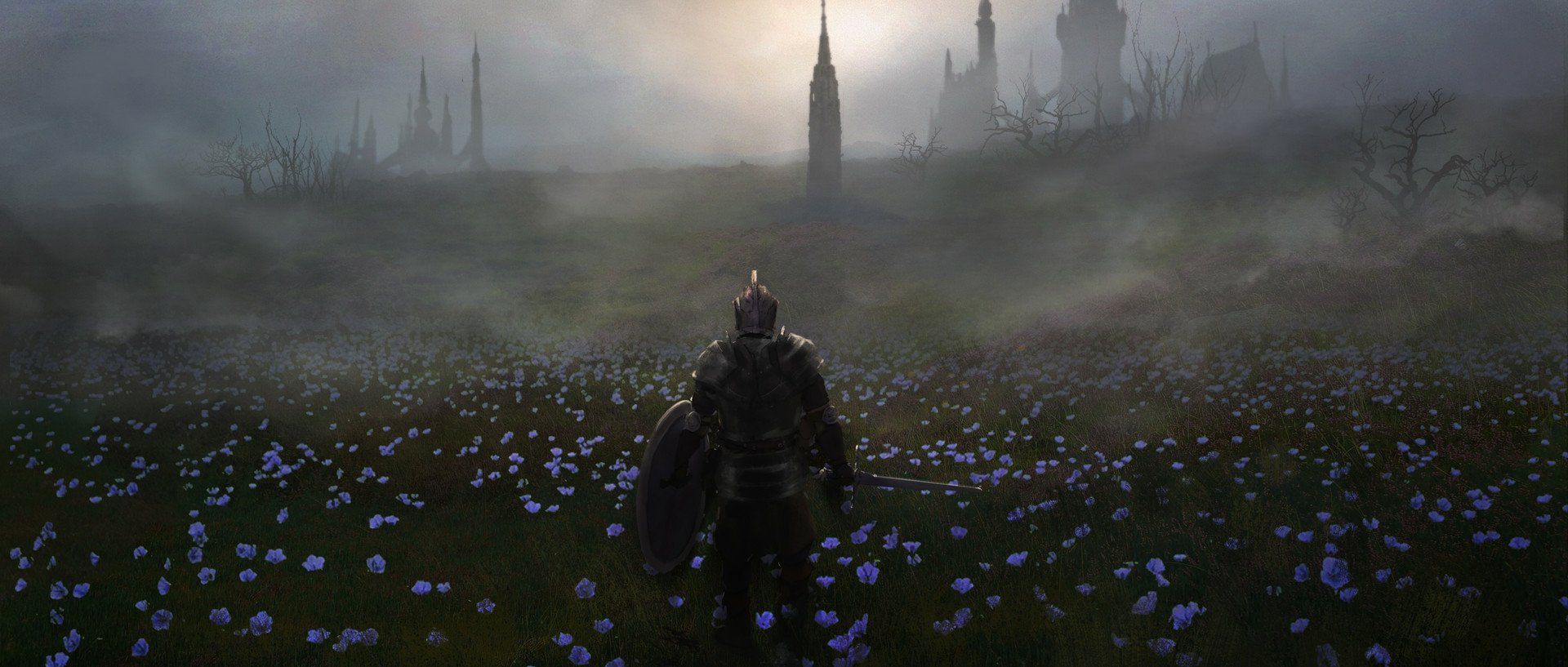 1920x817 Dark Souls HD: Lone Knight in Misty, Flowered Battlefield Wallpaper