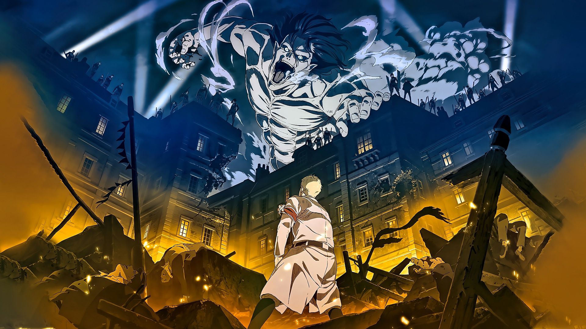 1920x1080 Wallpaper the city, man, Titan, Shingeki no Kyojin, Attack Of The Titans, Eren Yeager for mobile and desktop, section сёнэн, resolution 1920x1080