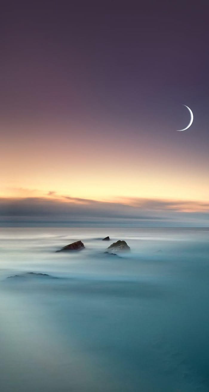700x1310 Serene Riverside Stroll. Crescent moon over calm water, Crescent moon over ocean, Moonlight beach wallpaper hd