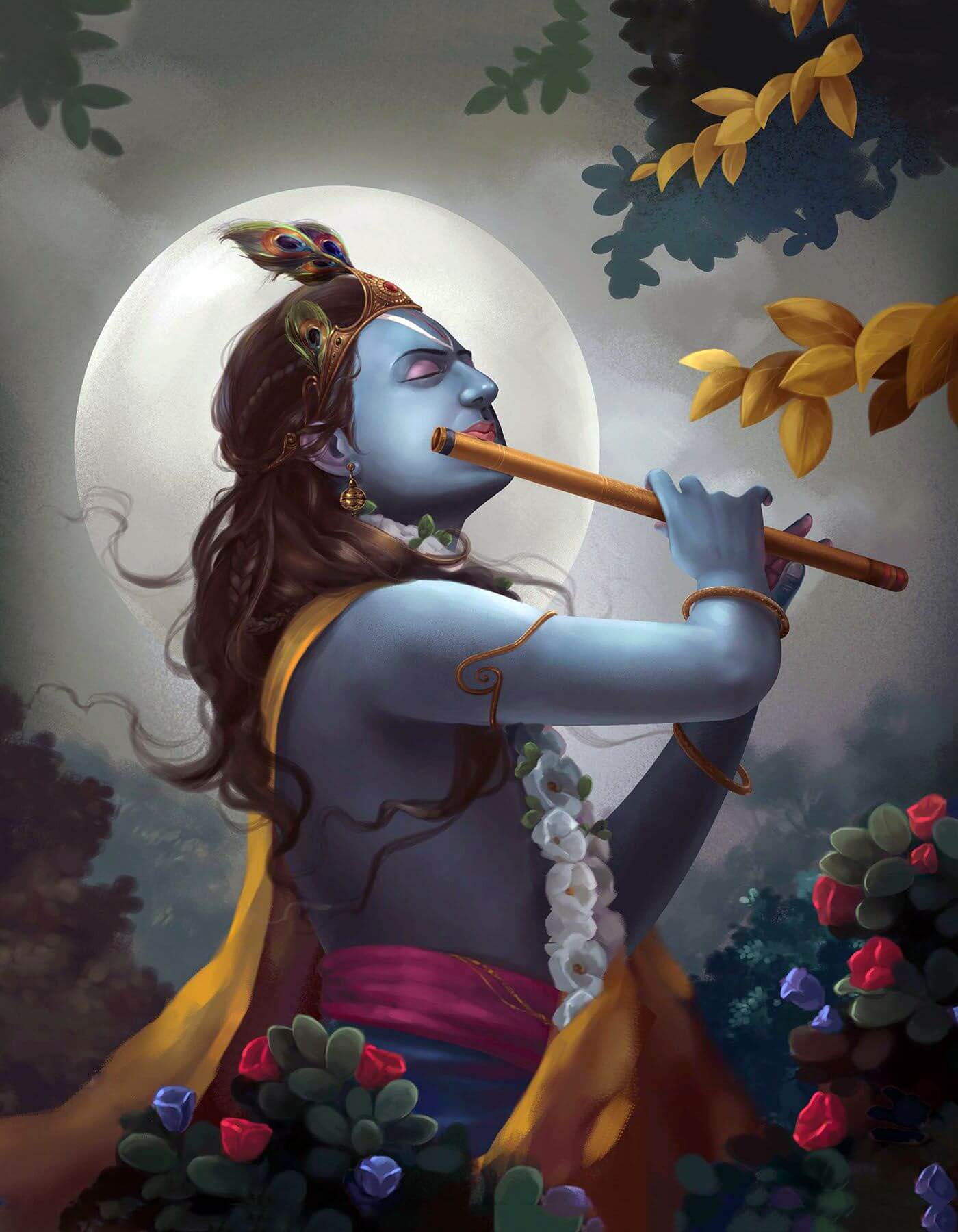 1400x1800 Murlidhar Krishna In The Moonlight Flute Painting Prints by Raghuraman. Buy Posters, Frames, Canvas & Digital Art Prints. Small, Compact, Medium and Large Variants