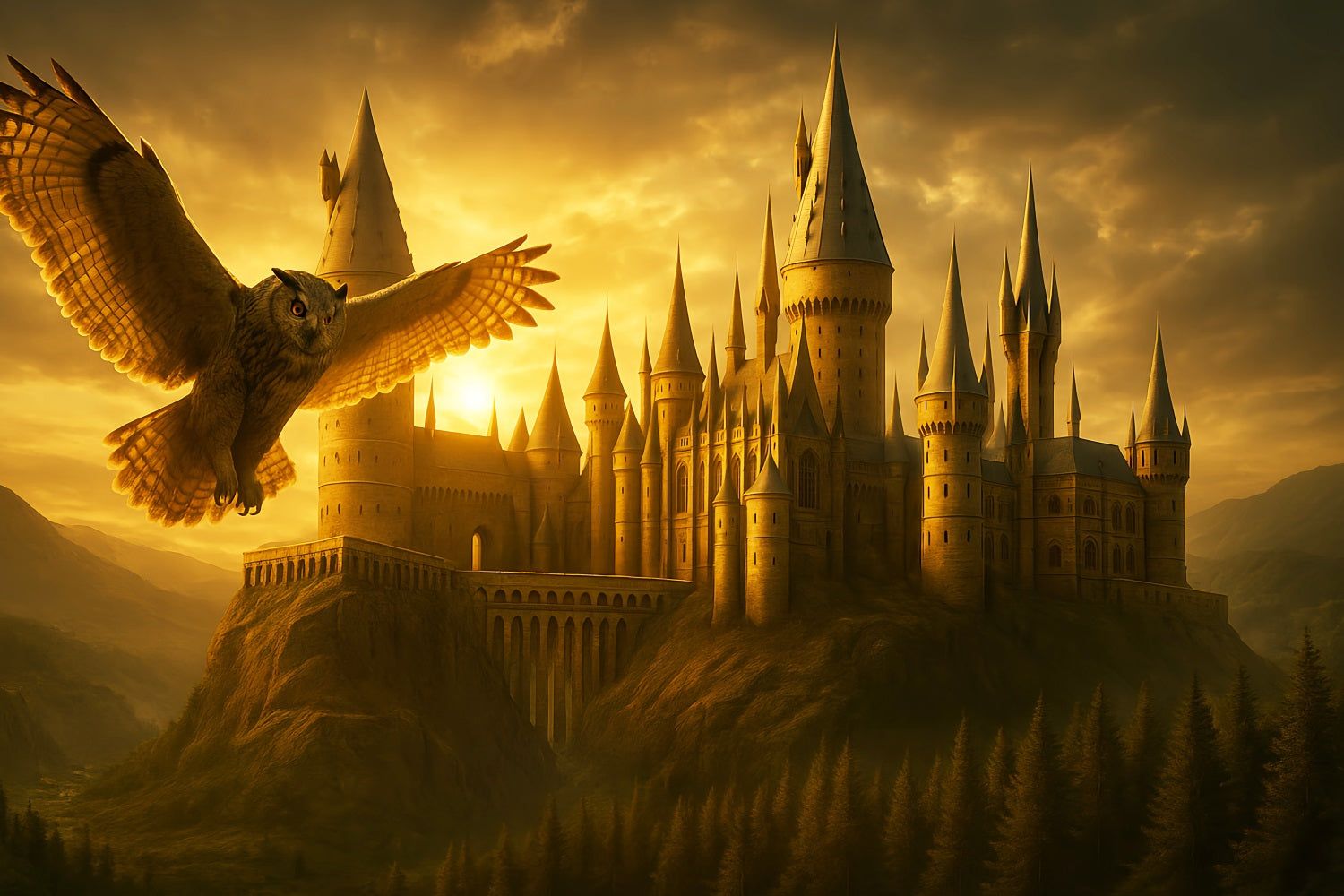 1500x1000 Back To School Backdrop Golden Castle Flying Owl School Picture Backdrop LXX59- 7'W*5'H(2.2*1.5m)