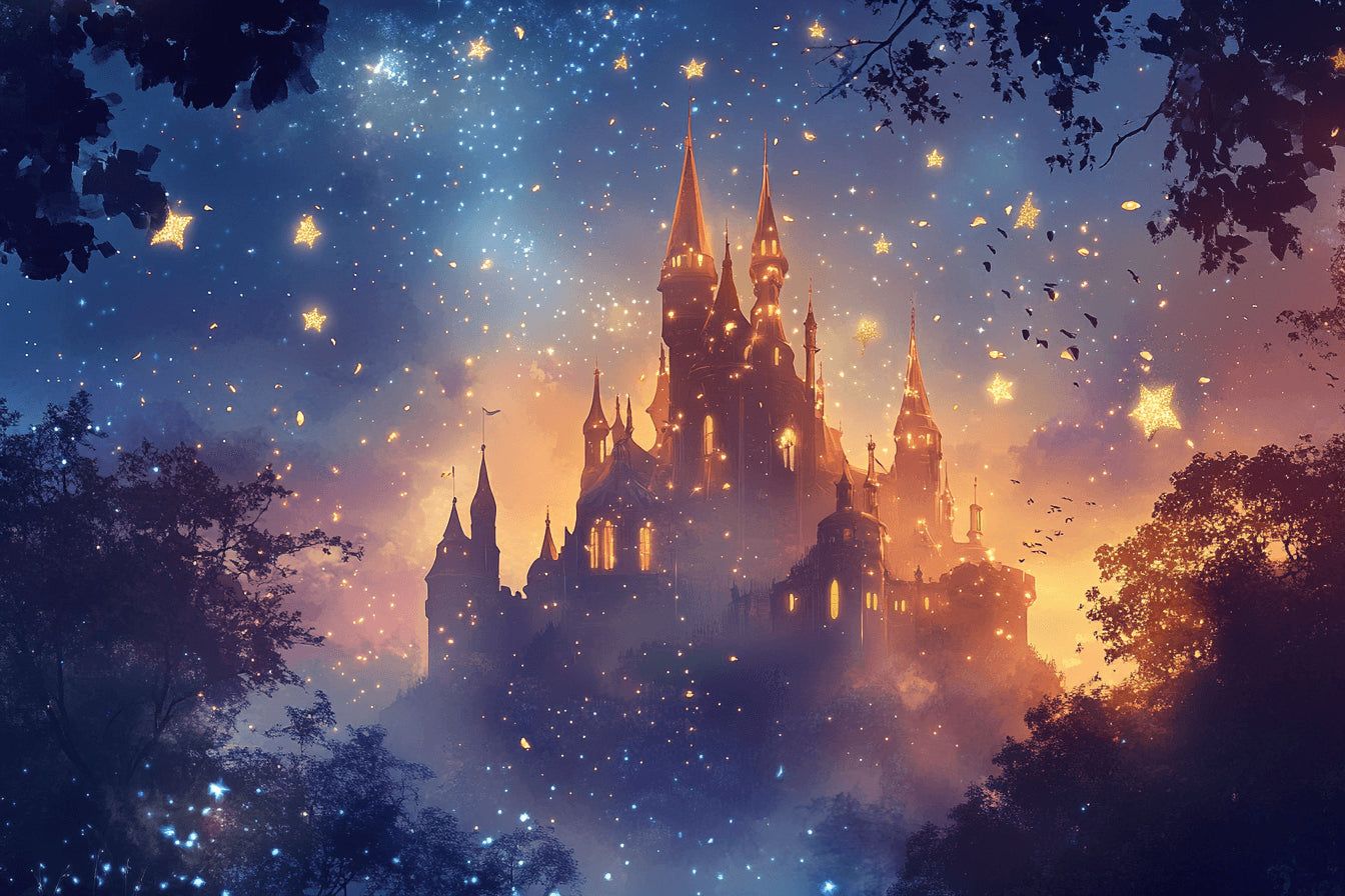 1344x896 Castle Mural Wallpaper. Magical Night Sky With Golden Stars