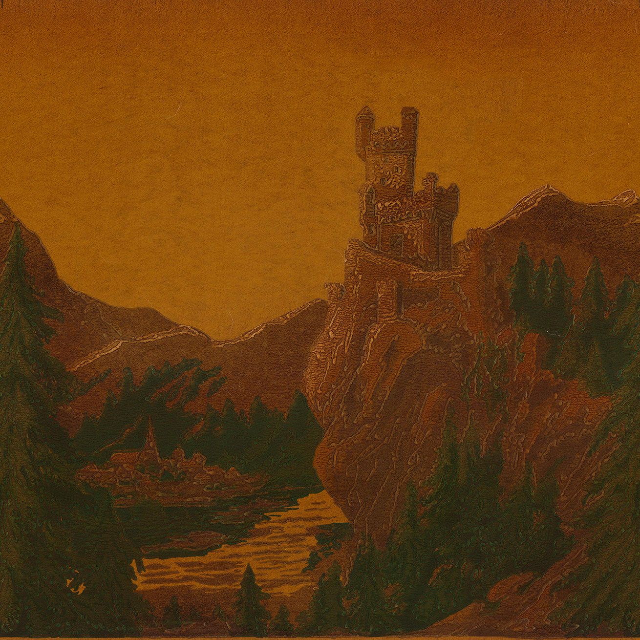 1310x1310 Castles on the Rhine Castle on Gold Ground Wallpap & Company
