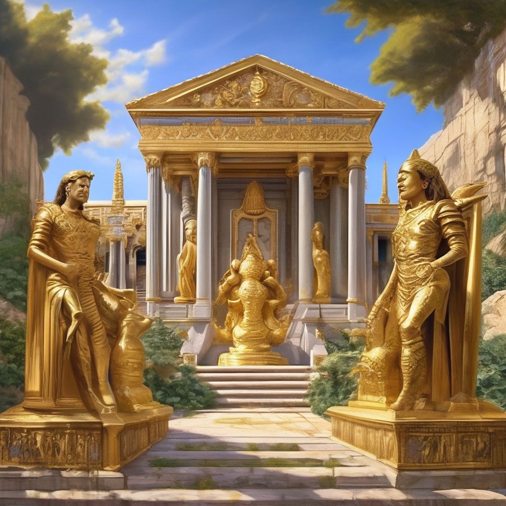 1024x1024 The ancient Greek palace of the 5th century BC golden statues of ancient Egyptian gods decorate the castle against
