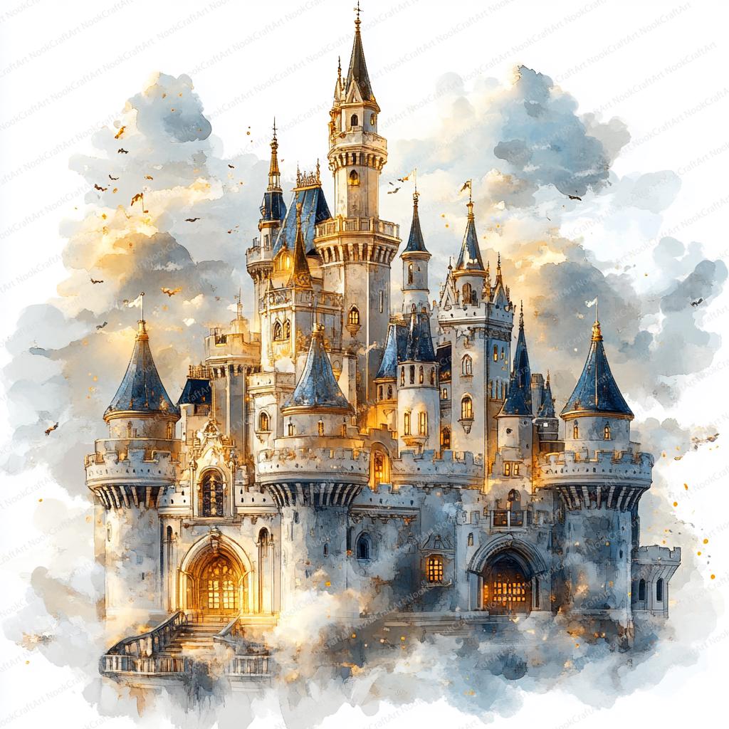 1024x1024 Enchanted Gold and White Castle Clipart. Magical Fantasy Fairytale Illustration. Printable Watercolor Clipart