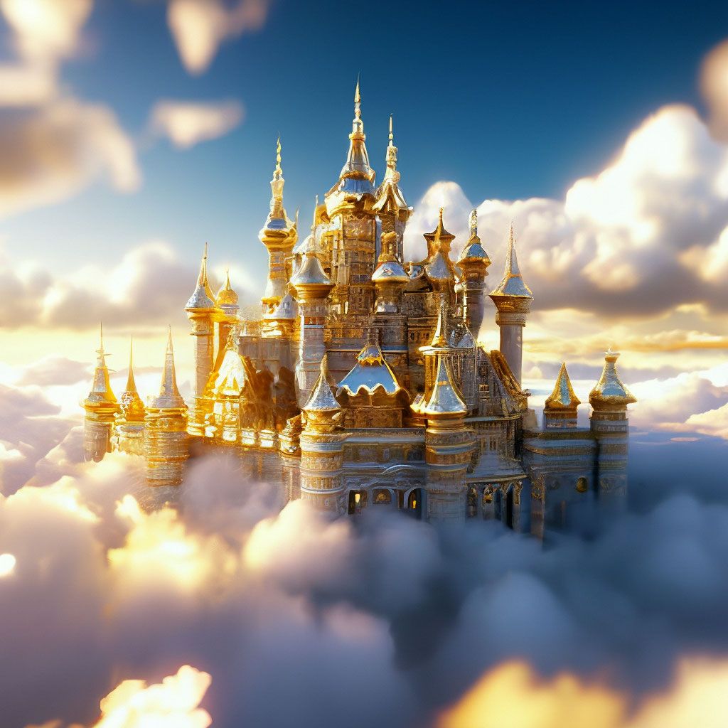 1024x1024 Castle in the clouds with golden spires and silver domes, depth of field