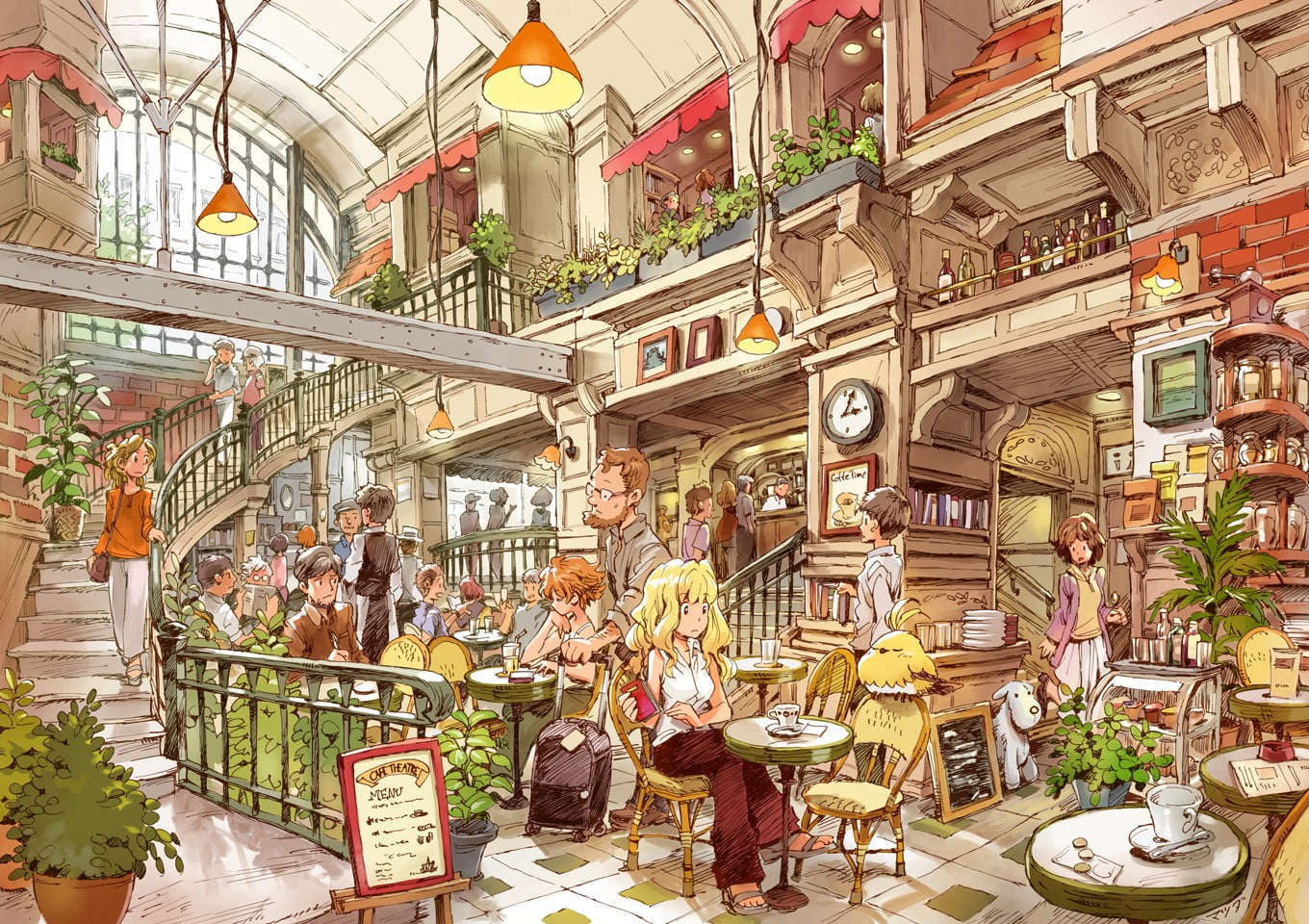 1360x960 People in library cafe illustration, cafes, people HD wallpaper