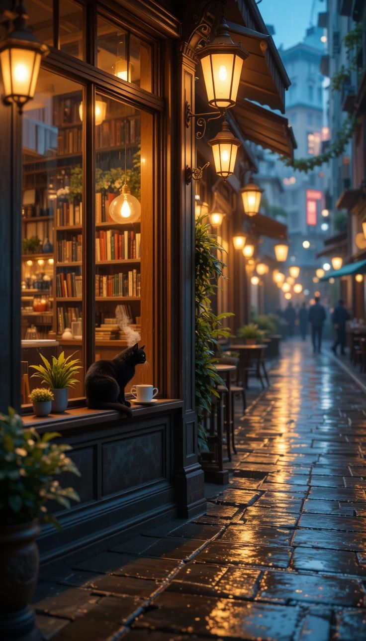 736x1288 Book store at night. Cafe with book, Library aesthetic night, Cozy city wallpaper