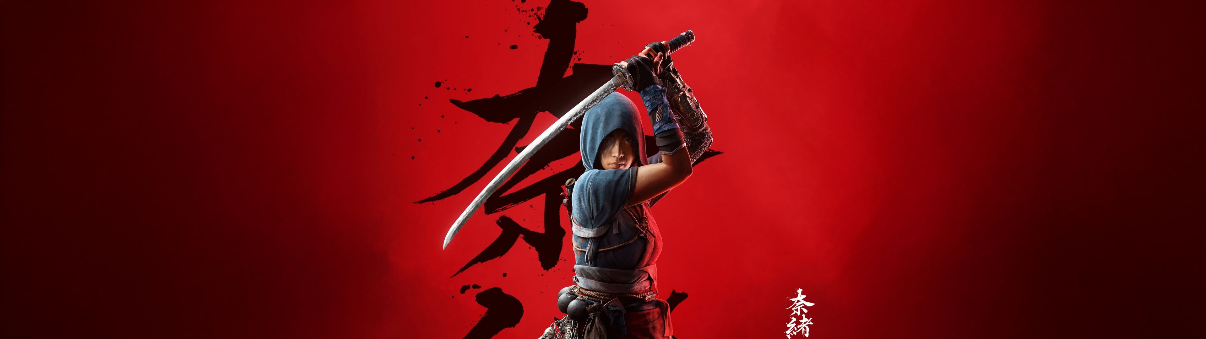 3840x1080 Assassin's Creed Shadows Wallpaper 4K, Naoe, Red background