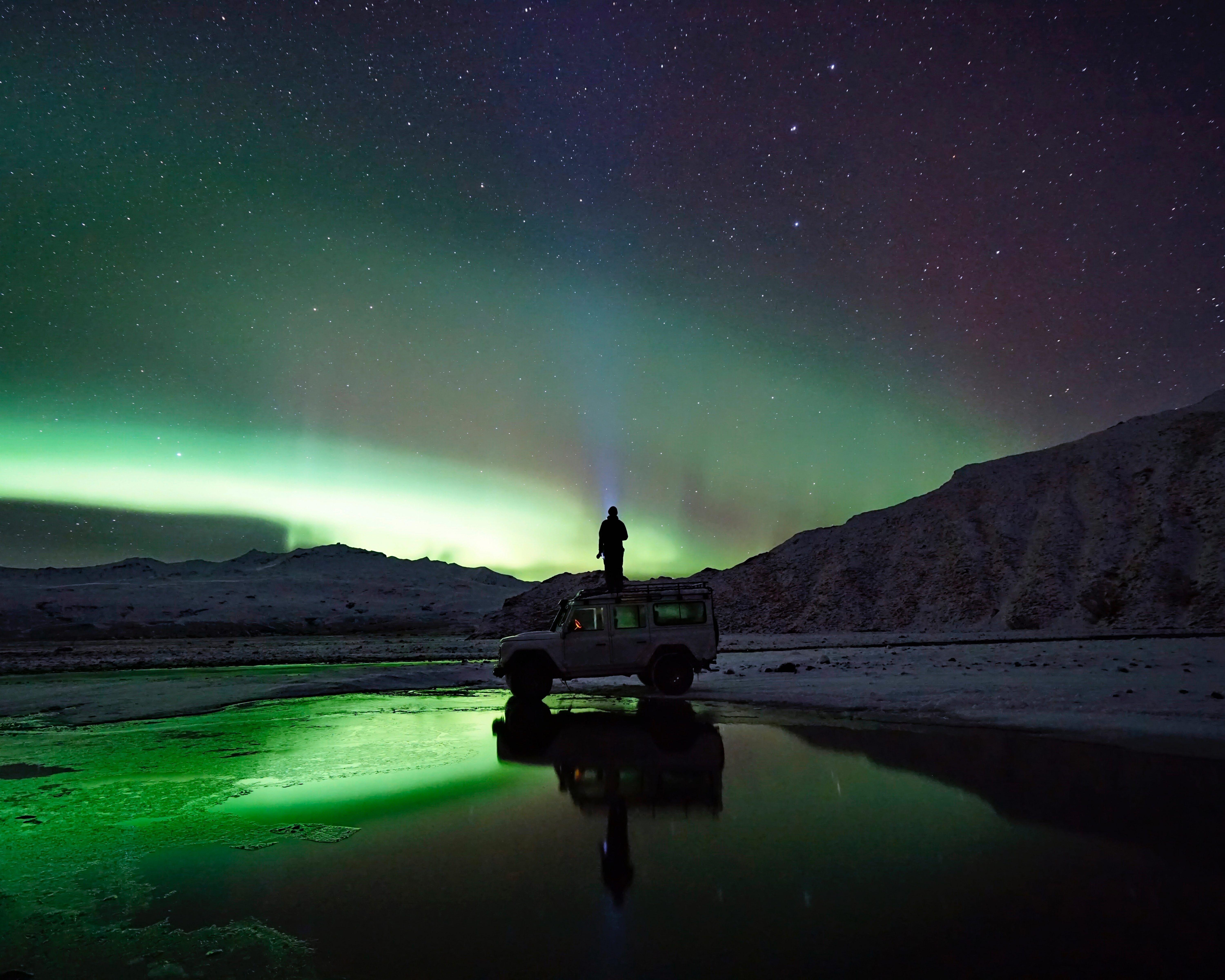 6000x4800 Man Looking At The Aurora Borealis 7K UHD Wallpaper
