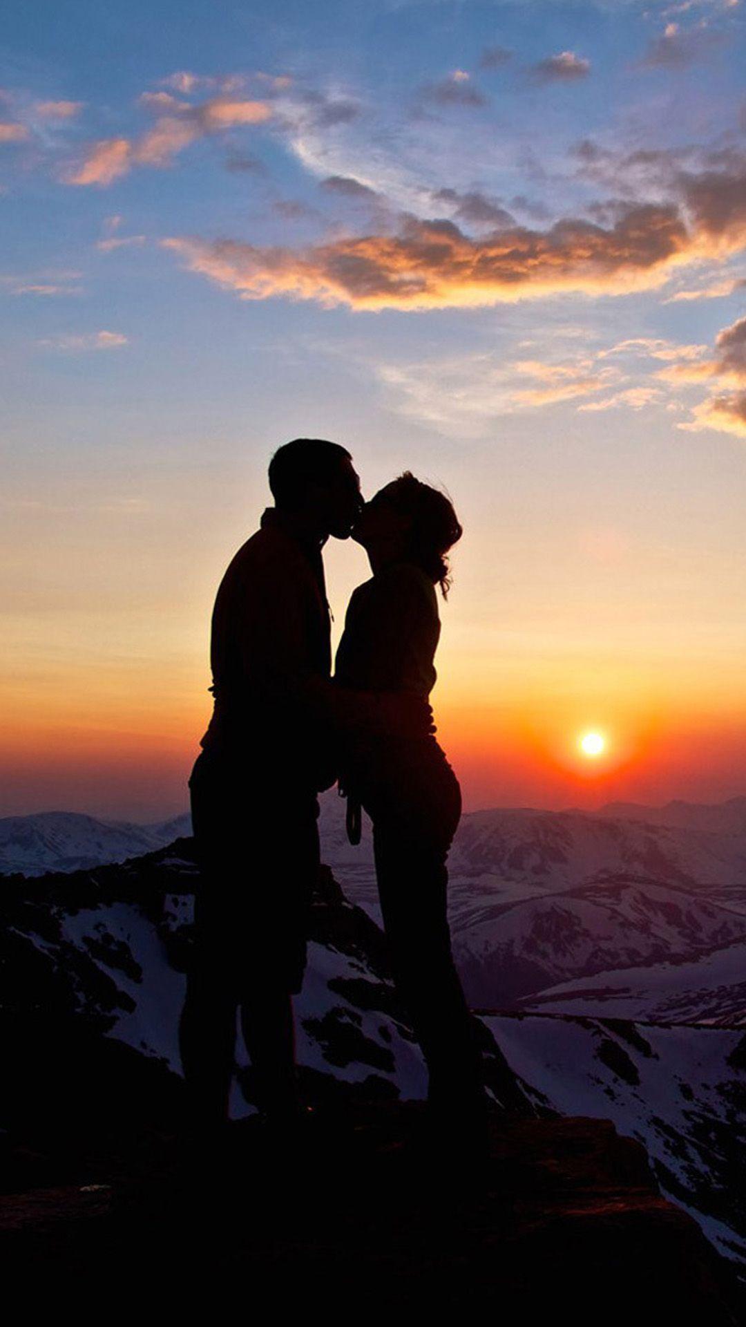 1080x1920 Lover Couple Sunset Snowy Mountain Top Outlines iPhone 8 Wallpaper. Sunset wallpaper, Love wallpaper, Background picture