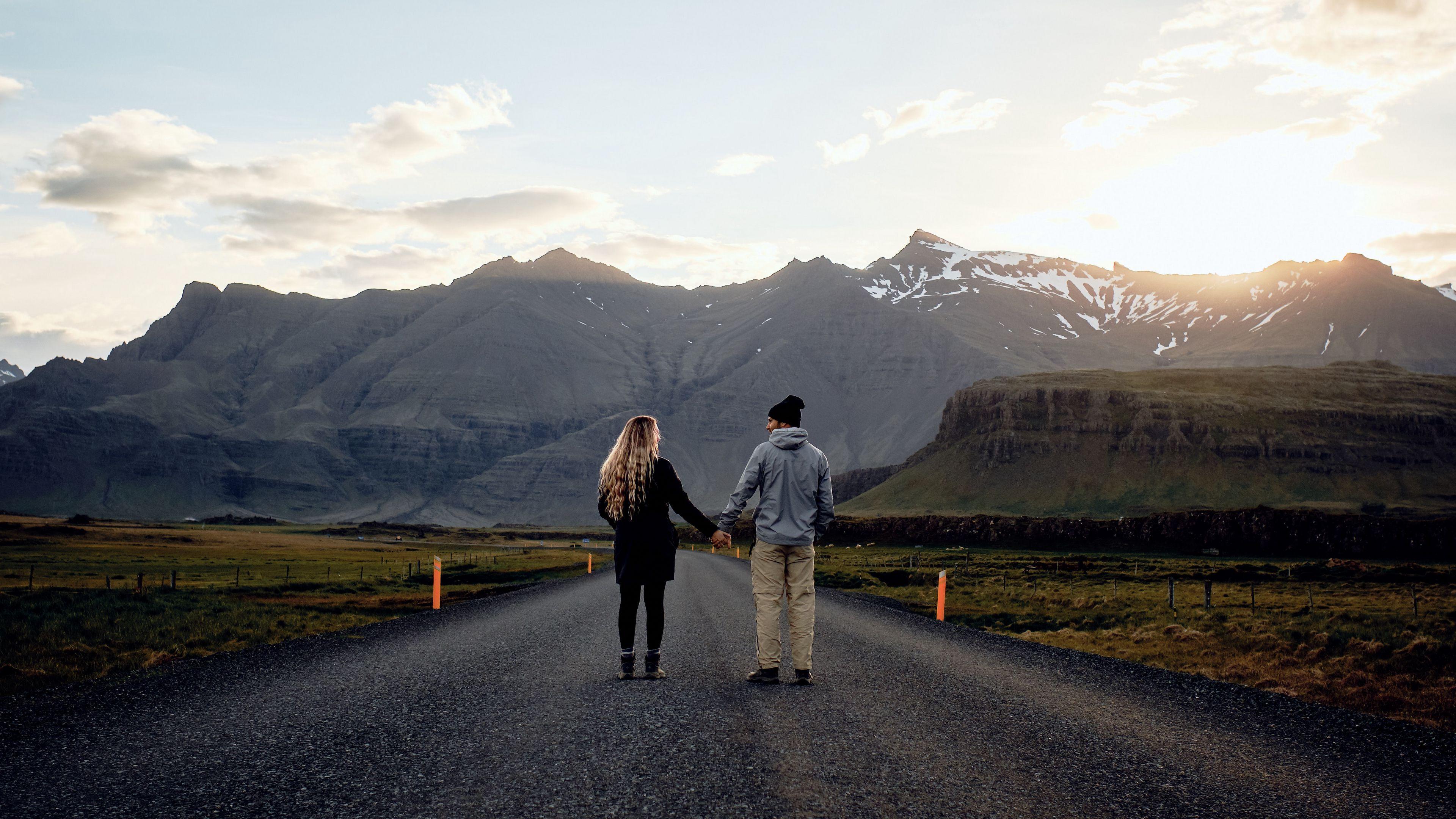 3840x2160 Download wallpaper 3840x2160 pair, love, romance, road, mountains 4k uhd 16:9 HD background