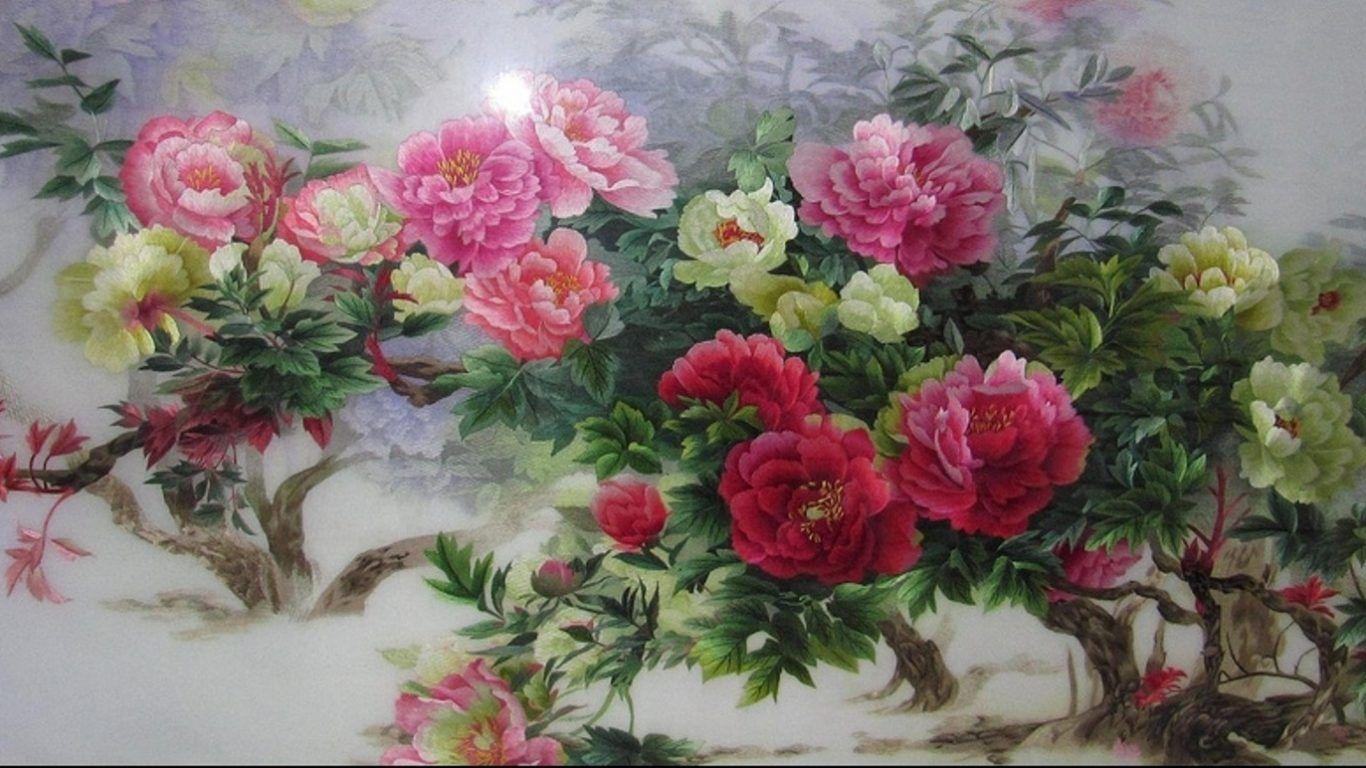1366x768 Flowers: Peonies Flowers Chinese Oriental Painting Nice Petals Sweet