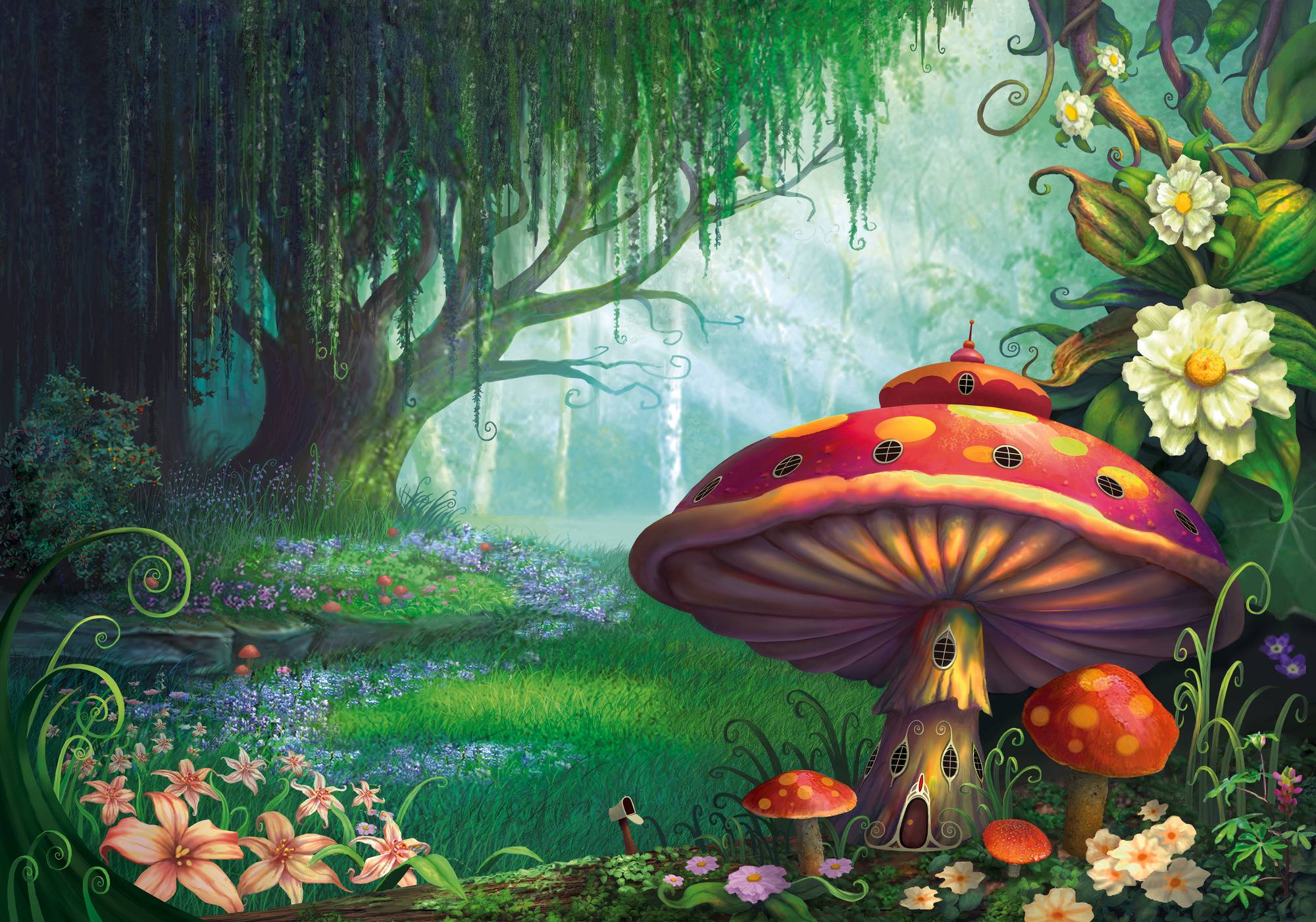 2000x1400 Miniature Mushroom House in Enchanted Forest HD Wallpaper