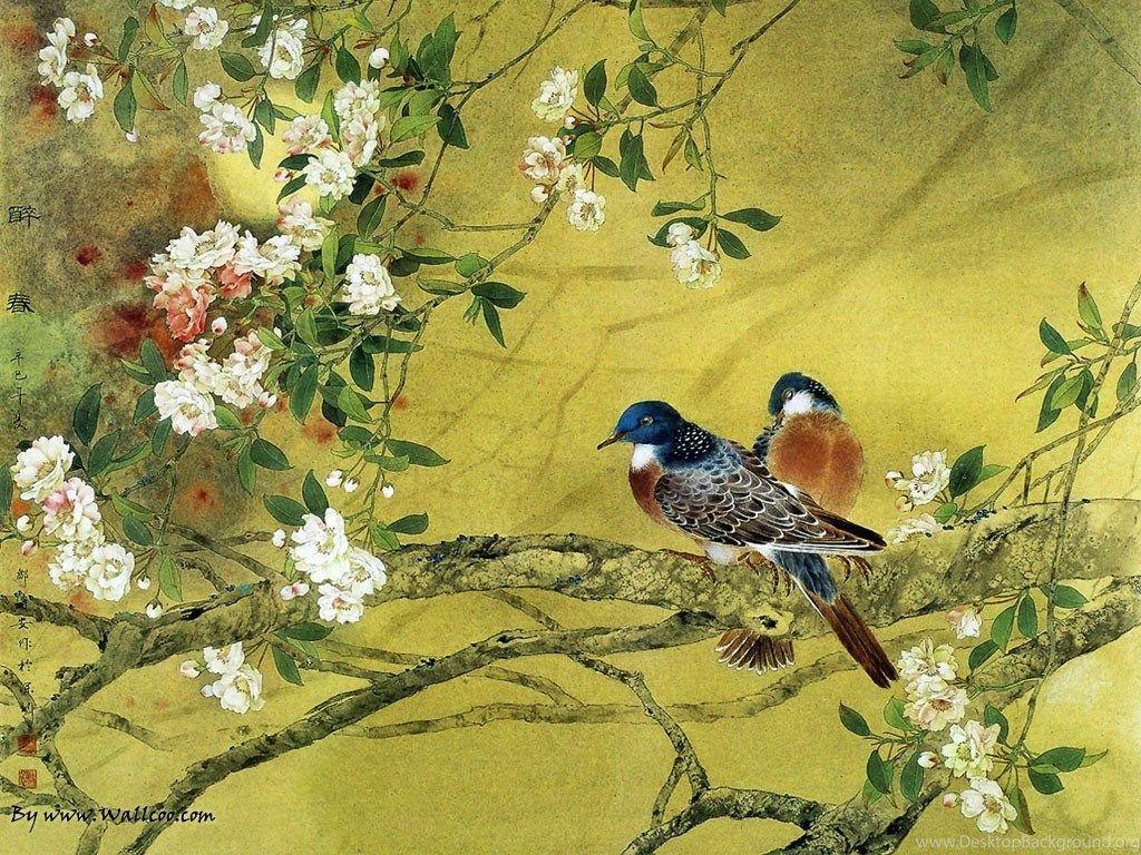1024x768 Birds: Birds Colourful Charming Pretty Gentle Chinese Painting