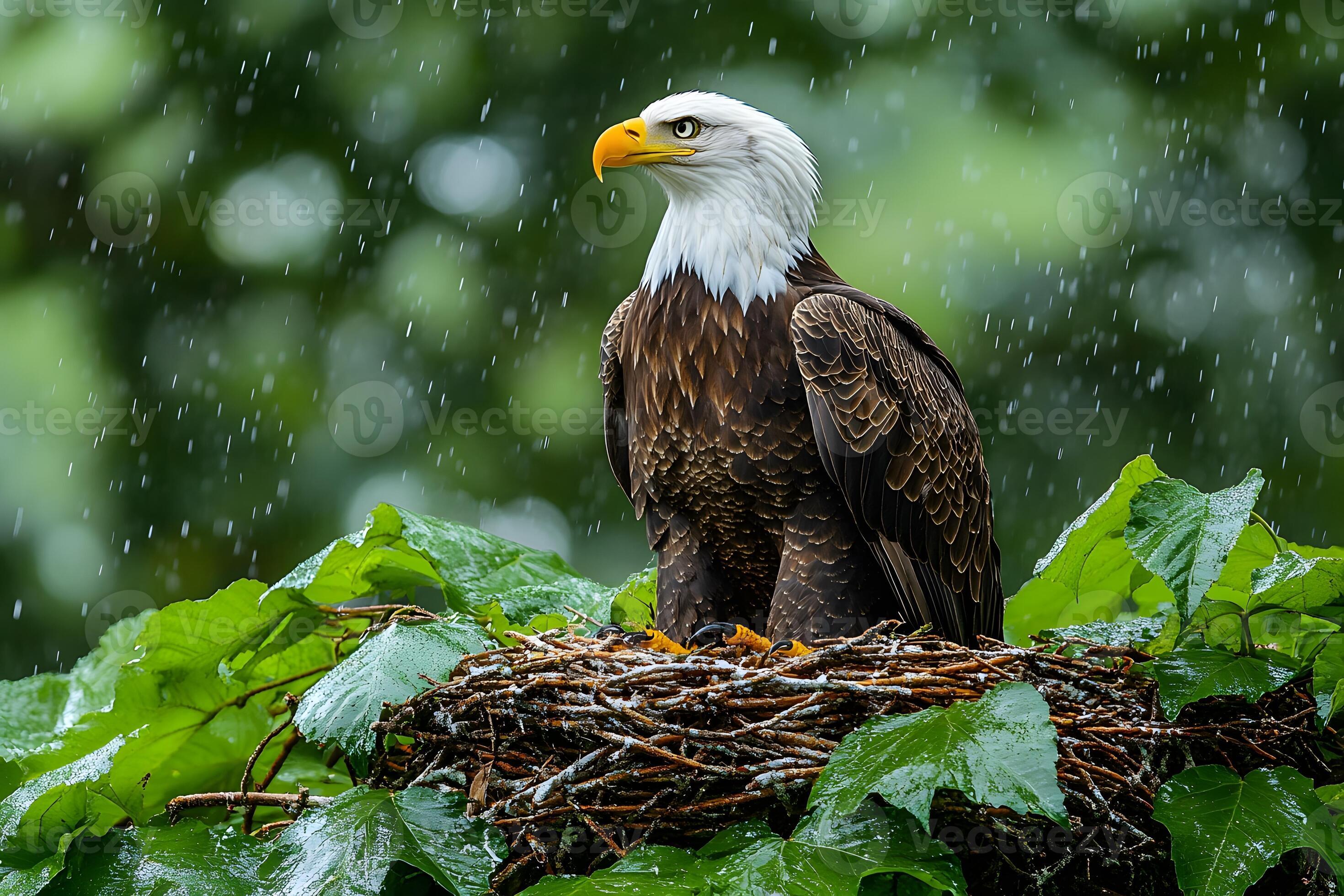 2940x1960 Majestic Bald Eagle Posing in Rain on Nest Amidst Lush Greenery