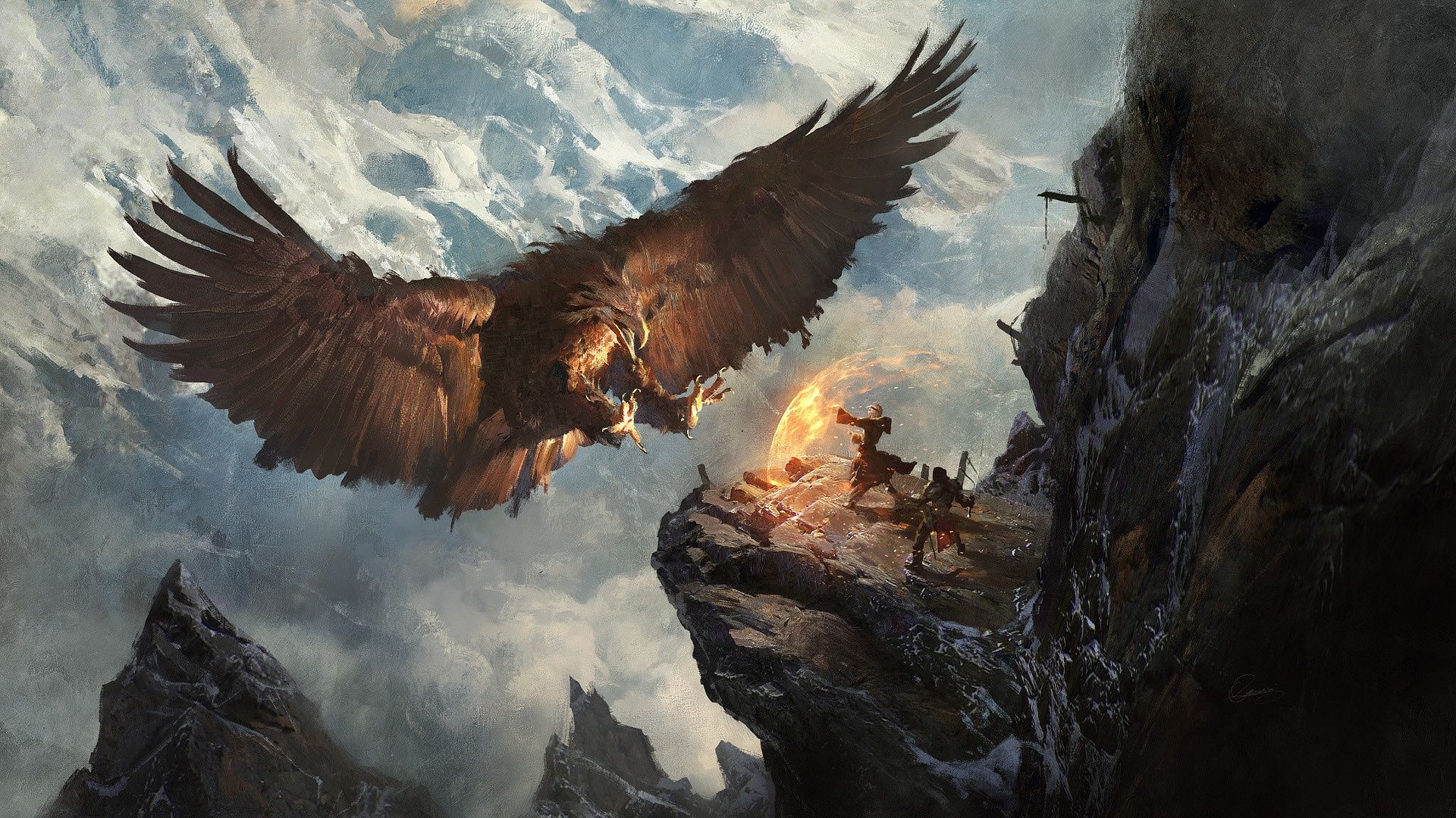 1920x1080 Wallpaper mountains, eagle, the situation, hero, fantasy, Greg Rutkowski, Secret Pass Nest for mobile and desktop, section фантастика, resolution 1920x1080