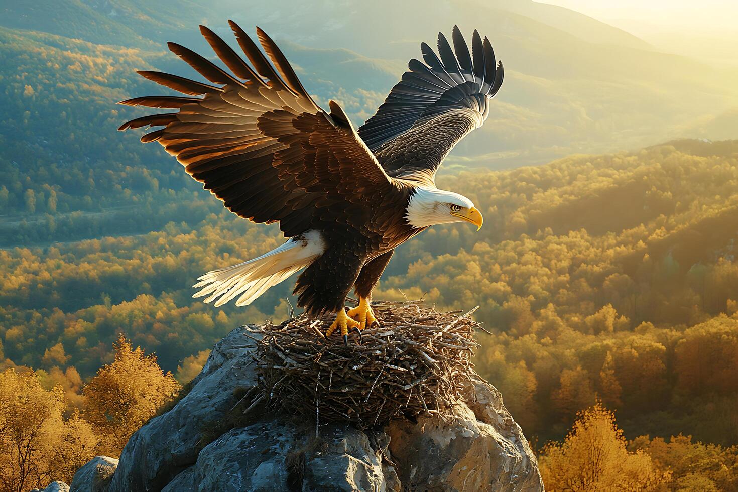 1470x980 Majestic Bald Eagle Landing on a Cliffside Nest with Wide Wingspan