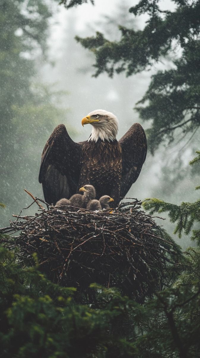 673x1200 Eagle, spreading its wings wide to cover her nestlings from the rain