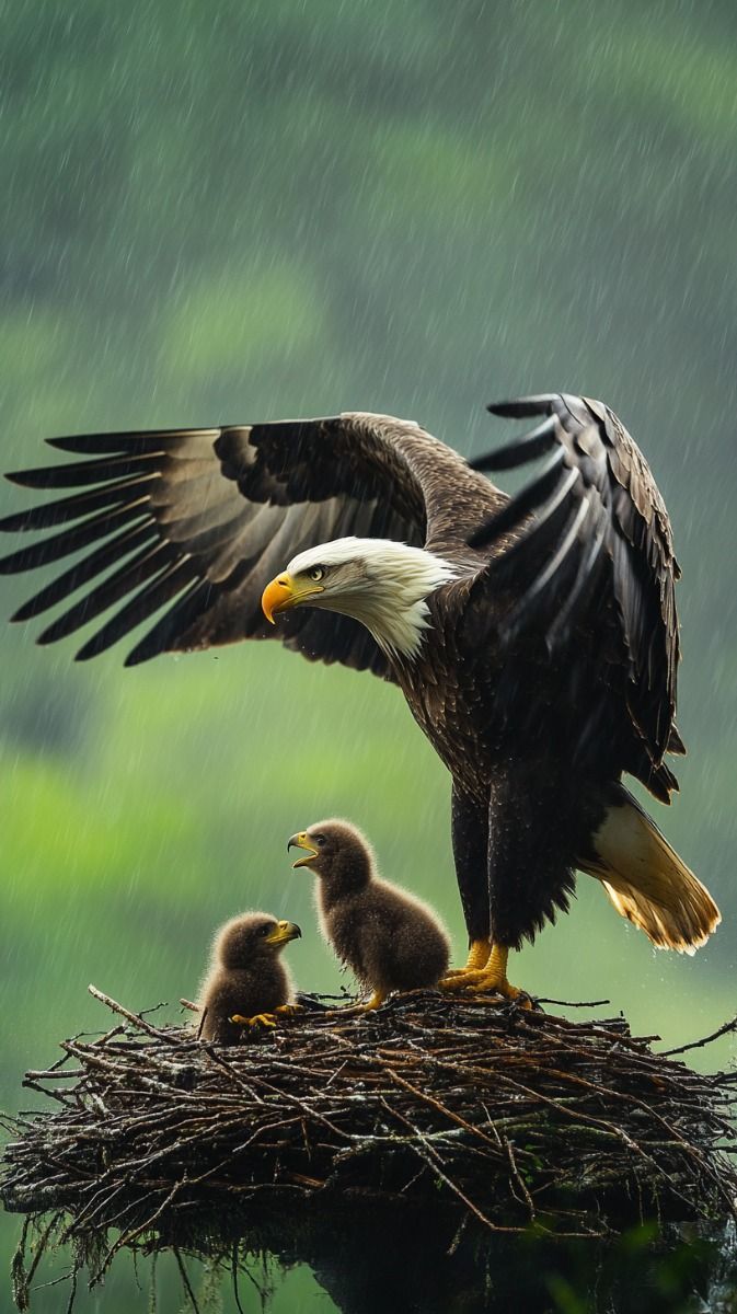 673x1200 Eagle, spreading its wings wide to cover her nestlings from the rain