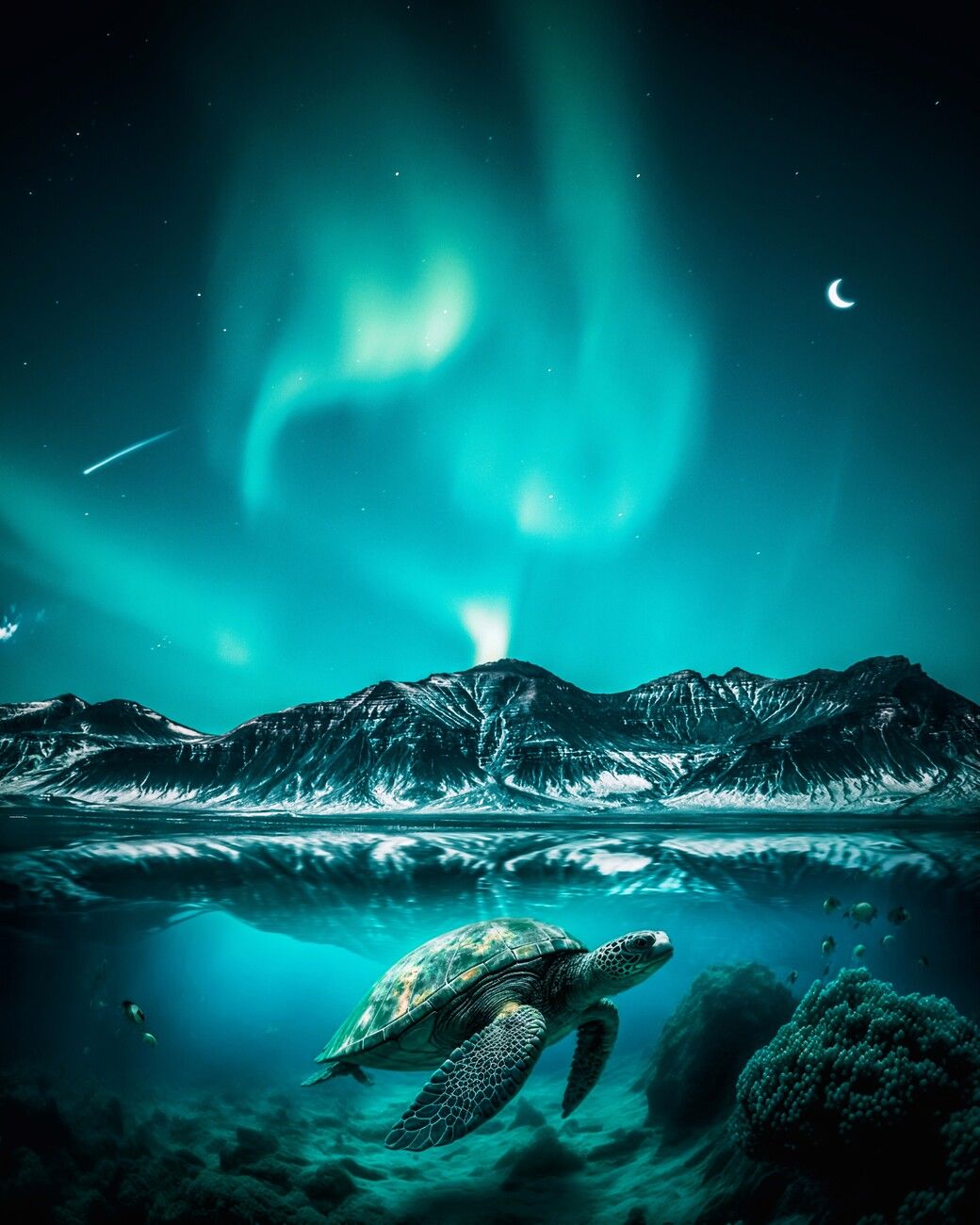 1040x1300 Poster Aurora borealis turtle underwater. Wall Art 1 FREE