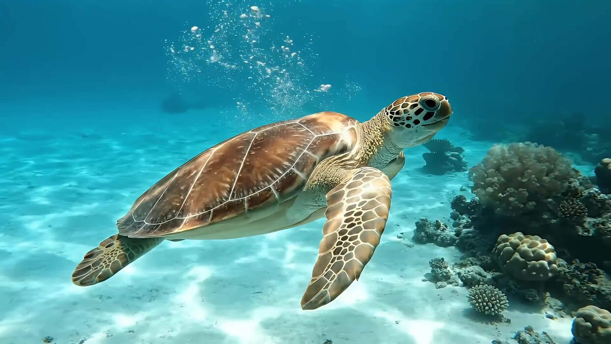 1244x700 Majestic Sea Turtle Gliding Through Turquoise Waters in a Coral Reef Habitat