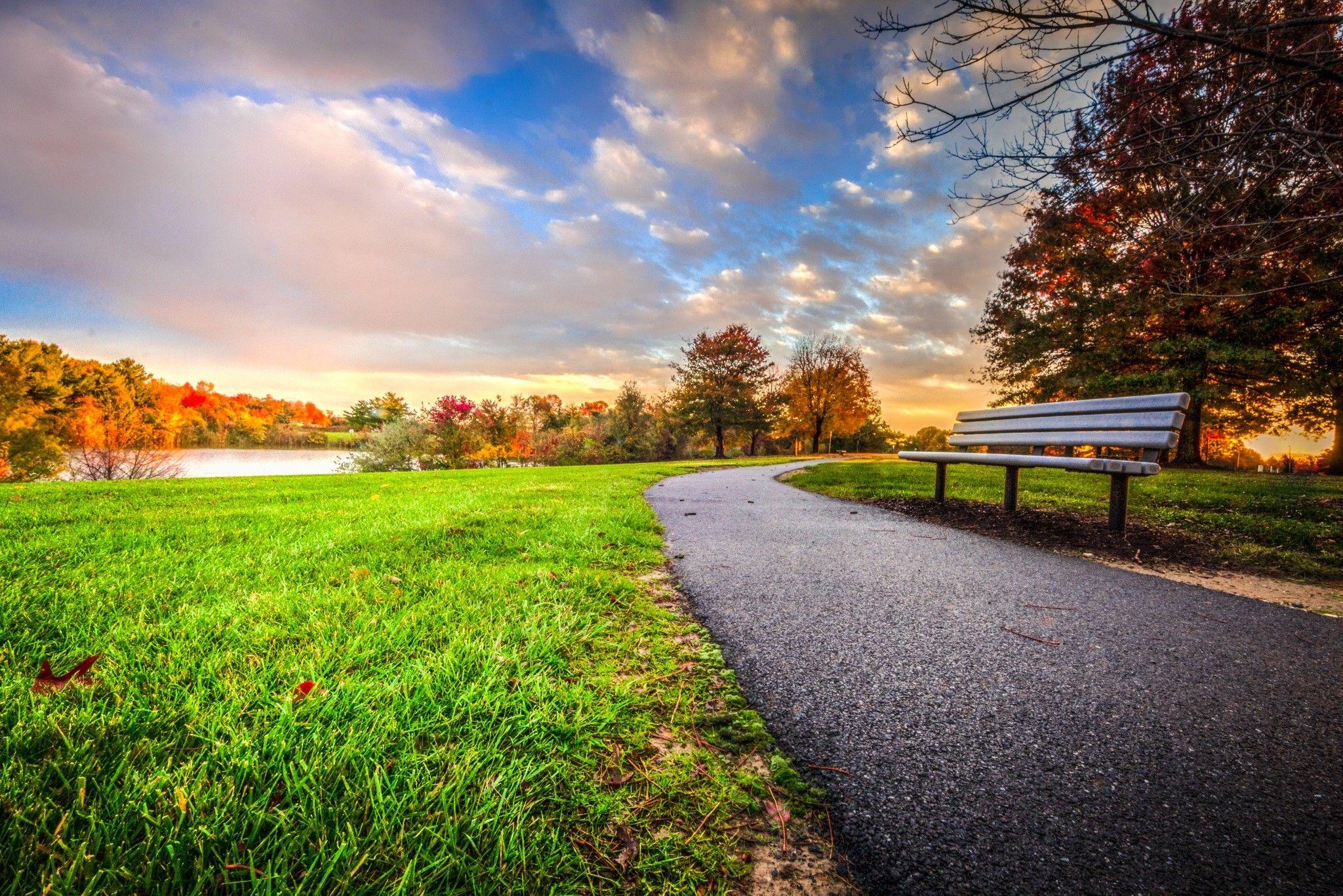 2048x1366 sunset, Bench, Park, Trees, Clouds, Grass, Fall, Nature, Landscape, Green, HDR, Path Wallpaper HD / Desktop and Mobile Background