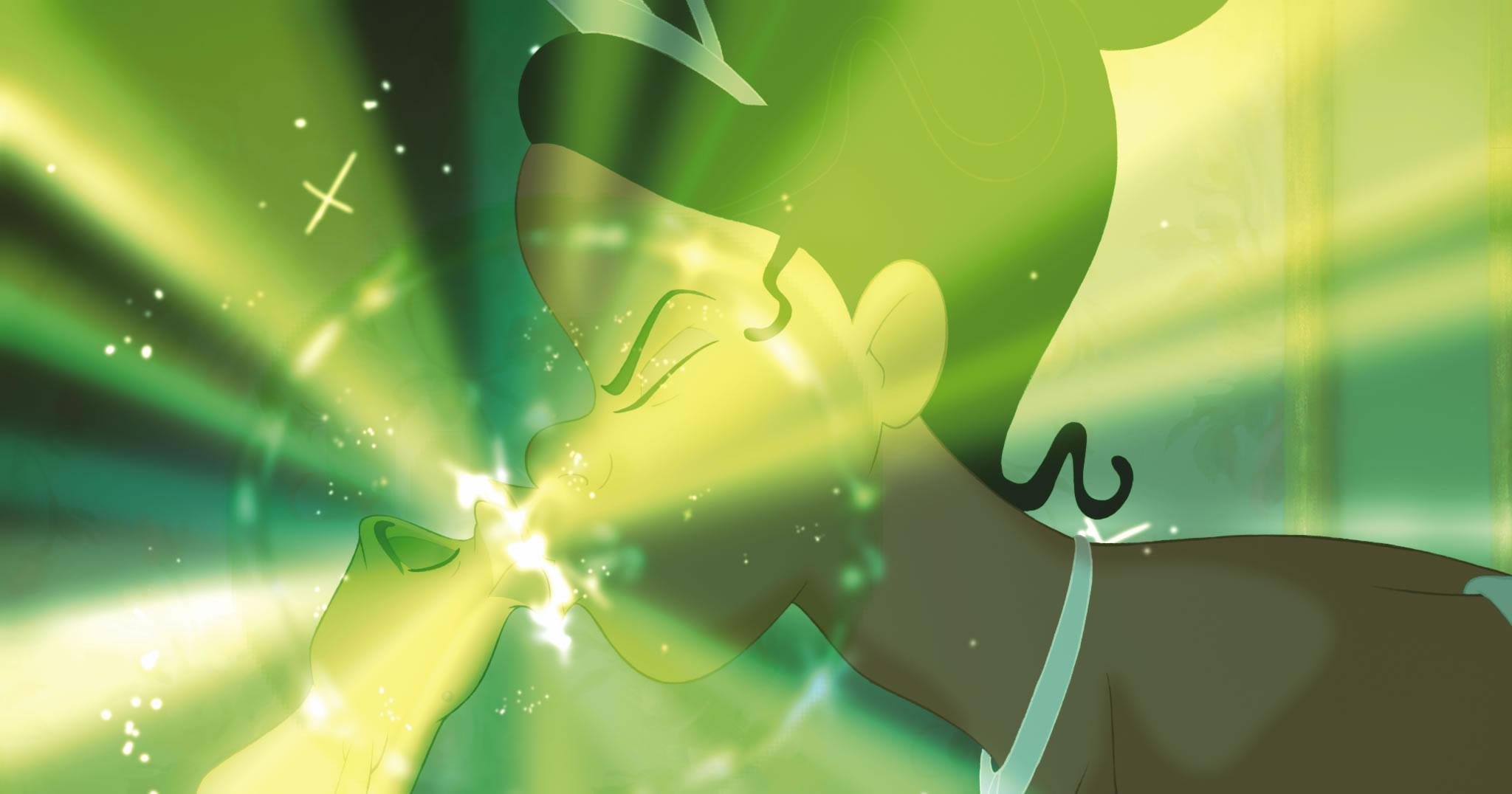 2048x1076 Tiana and Naveen Kiss in Disney's Princess and the Frog Desktop Wallpaper