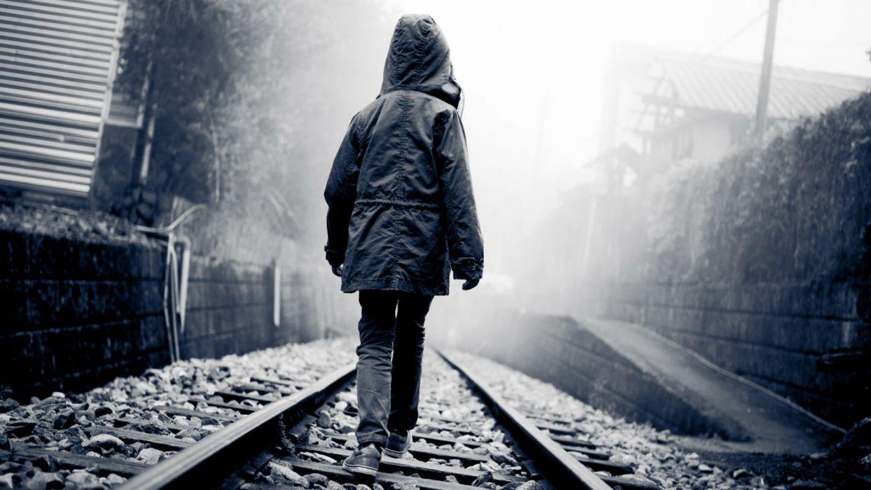 1244x700 Lonely mood sad alone sadness emotion people loneliness Solitude train tracks railroad boy child children wallpaperx1080