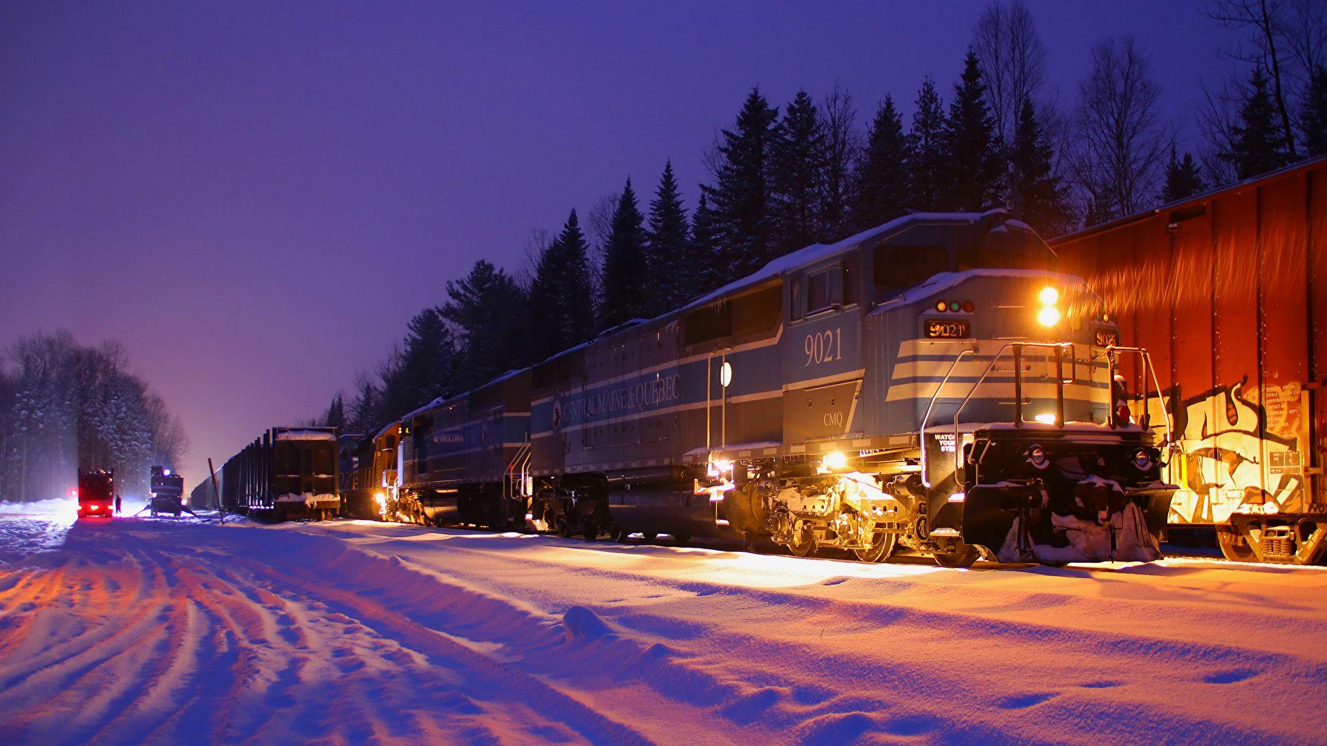 1920x1080 Photos Locomotive Winter Snow Trains Night 1920x1080